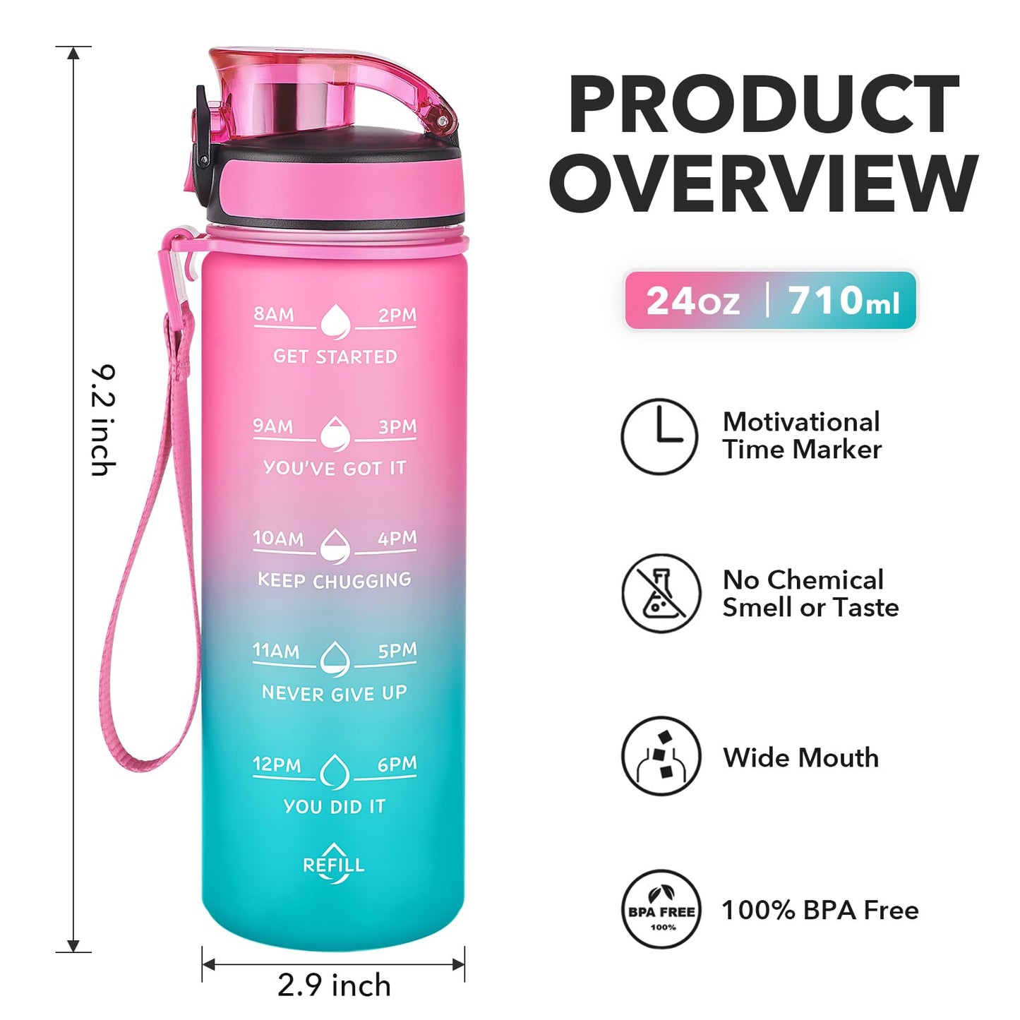 Enerbone 24 oz Water Bottle, Leakproof BPA & Toxic Free, Motivational Water Bottle with Times to Drink and Straw, Fitness Sports Water Bottle with Strap for Office, Gym, Outdoor Sports