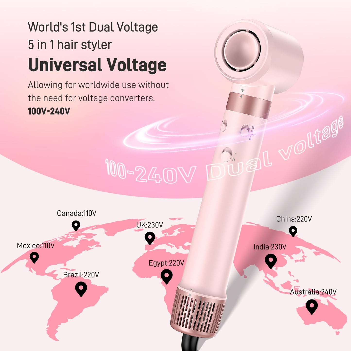 Dual Voltage Hot Air Styler Wrap - 5 in 1 Hair Dryer Brush with Fast Drying Blow Dryer, Styling, Straightening & Volumizing with Negative Ion Anti-frizz for 110V-120V/220V-240V Europe and Travel Case