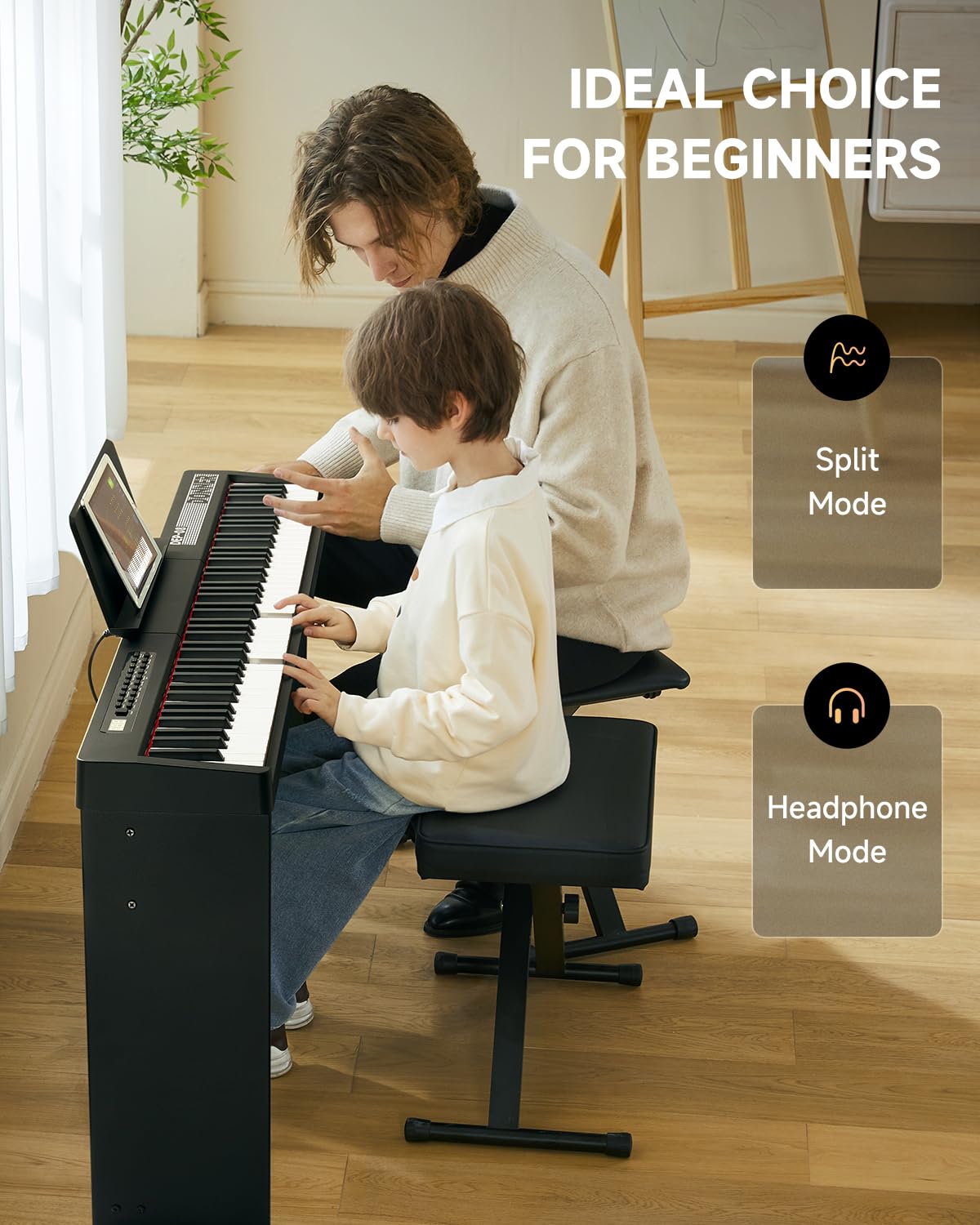 Donner Digital Piano Keyboard Velocity-Sensitive 88 Keys with Removable Piano Stand, Compact Beginner Home Electric Piano with Split Mode, LCD Screen, and Triple Pedal DEP-08