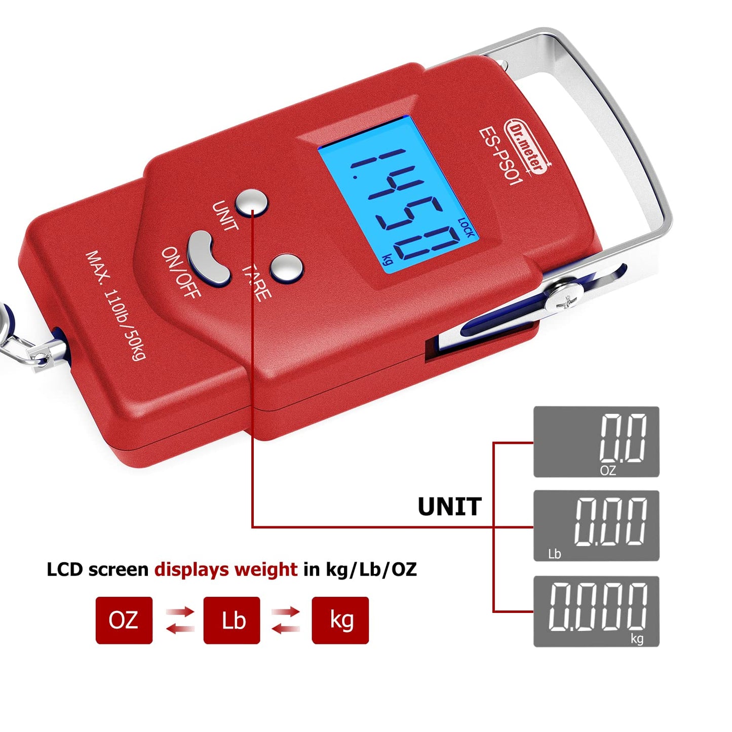 Dr.meter Fish Scale: PS01 110lb/50kg Backlit LCD Display Fishing Scale with Built-in Measuring Tape - Electronic Balance Digital Fishing Postal Hanging Hook Scale with 2 AAA Batteries