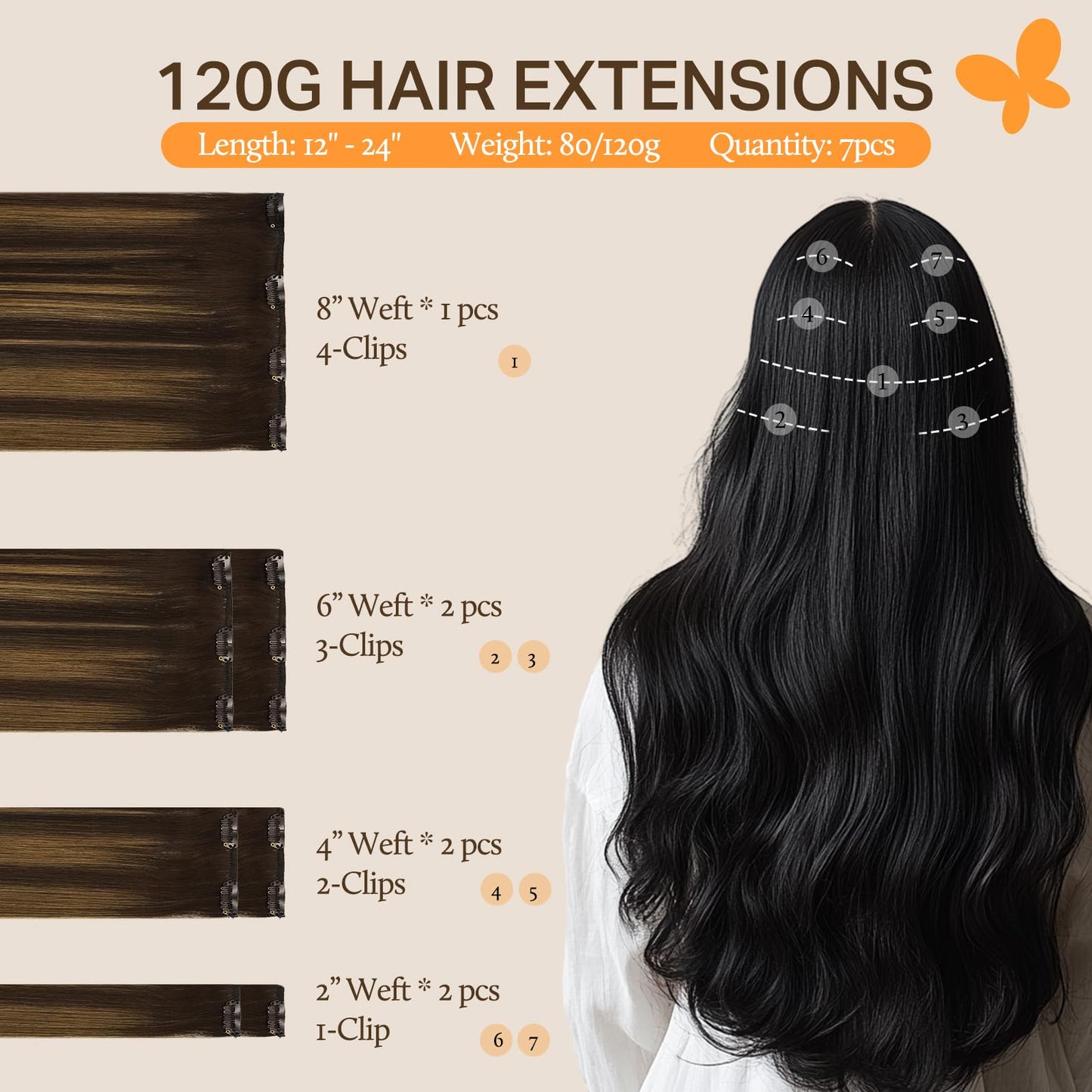 DOORES Clip in Hair Extensions Real Human Hair, Balayage Dark Brown to Chestnut Brown 12 Inch 7pcs 80g, Human Hair Clip in Extensions Extensions For Women Clip in Natural Hair Extensions Straight Hair