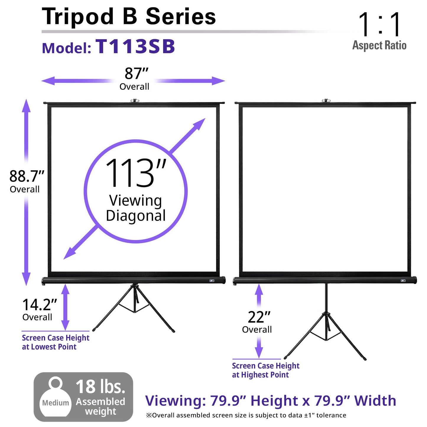 Elite Screens Tripod B, 113-INCH 1:1, Lightweight Pull Up Foldable Stand, Manual, Movie Home Theater Projector Screen, 4K / 8K Ultra HDR 3D Ready, 2-YEAR WARRANTY, T113SB