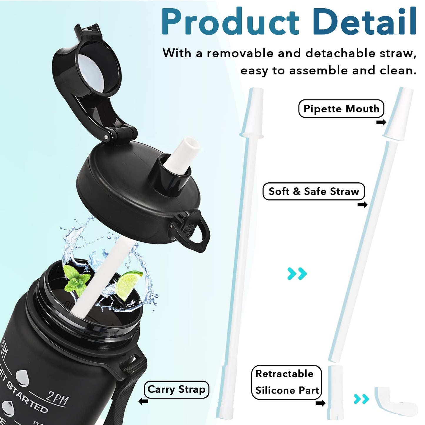 Enerbone 32 oz Water Bottle, Leakproof BPA & Toxic Free, Motivational Water Bottle with Times to Drink and Straw, Fitness Sports Water Bottle with Strap for Office, Gym, Outdoor Sports, Black Matte