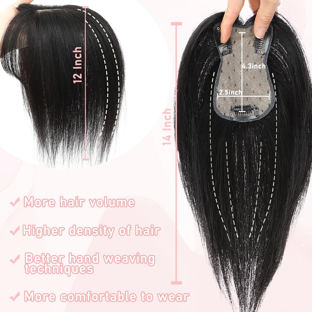 EROADE Toppers for Women Real Human Hair, 3D Human Hair Toppers for Women with Thinning Hair 165% Density Middle Part Clip in Bangs Toppers Hair Pieces (Black, Wispy Bangs)
