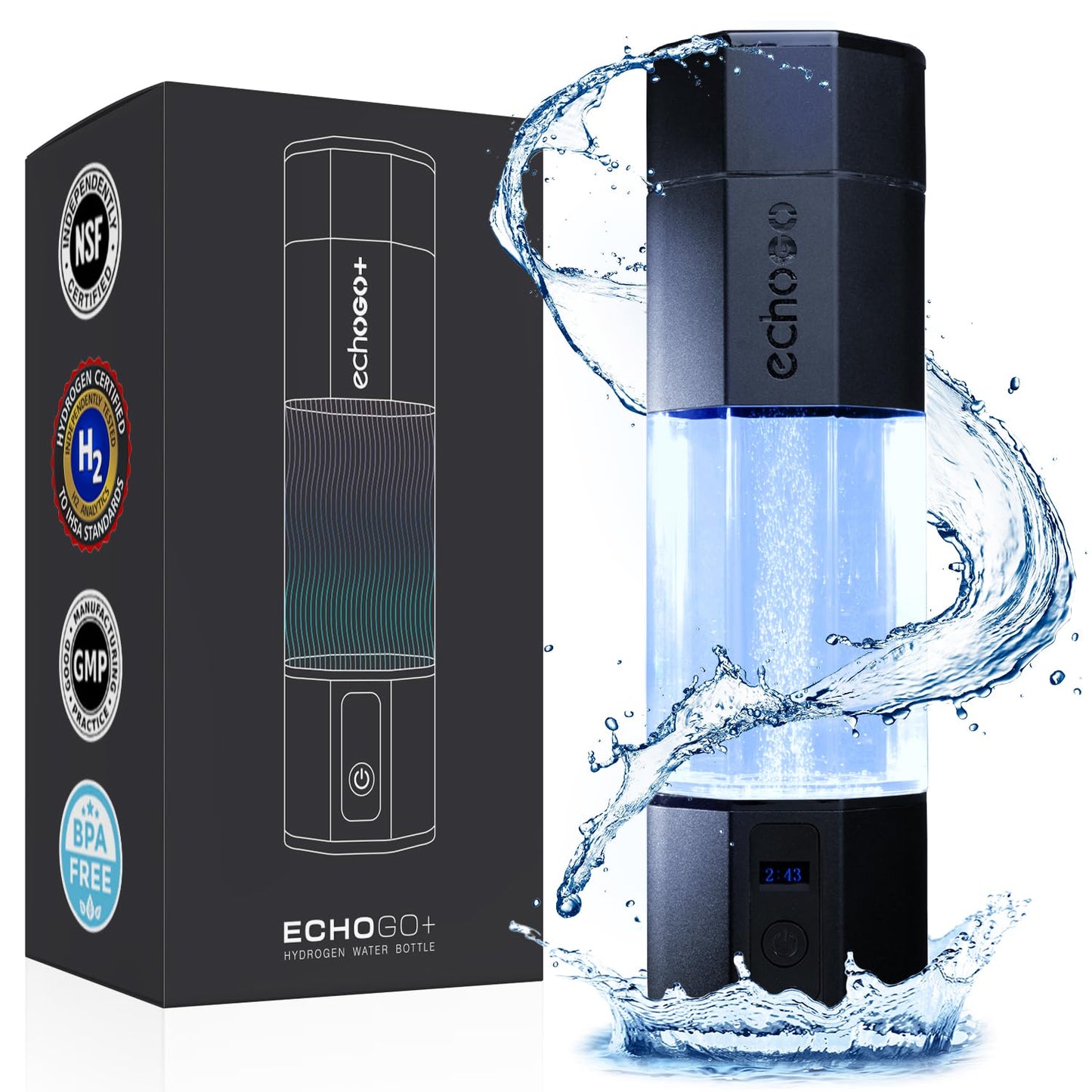 Echo Go+ Hydrogen Water Bottle - Hydrogen Infusion Technology - Rechargeable Water Bottle - SPE & PEM Purification - Active Hydration Support for Skin Health & Immune Function - 10 oz