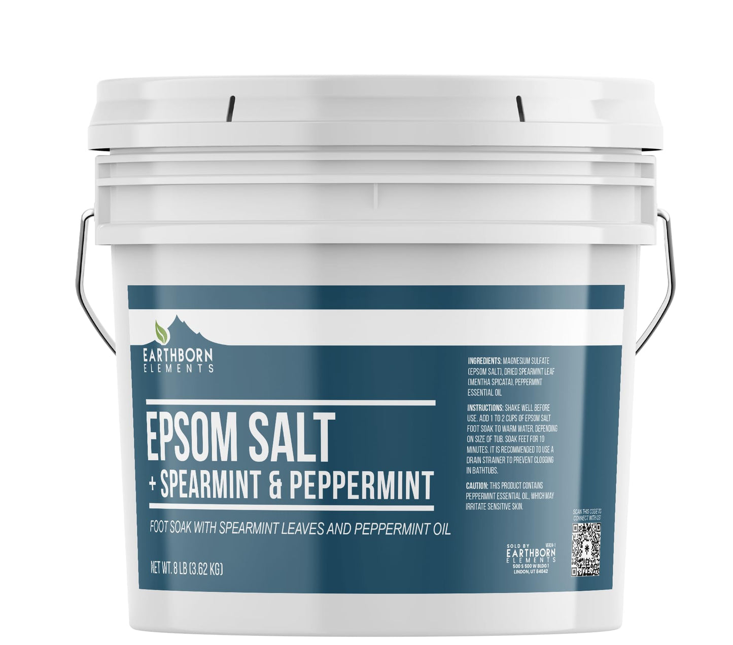 Earthborn Elements Spearmint & Peppermint Epsom Salt Foot Soak, 1 Gallon Bucket, Minty Aroma, With Real Spearmint Leaves (8 Pounds)