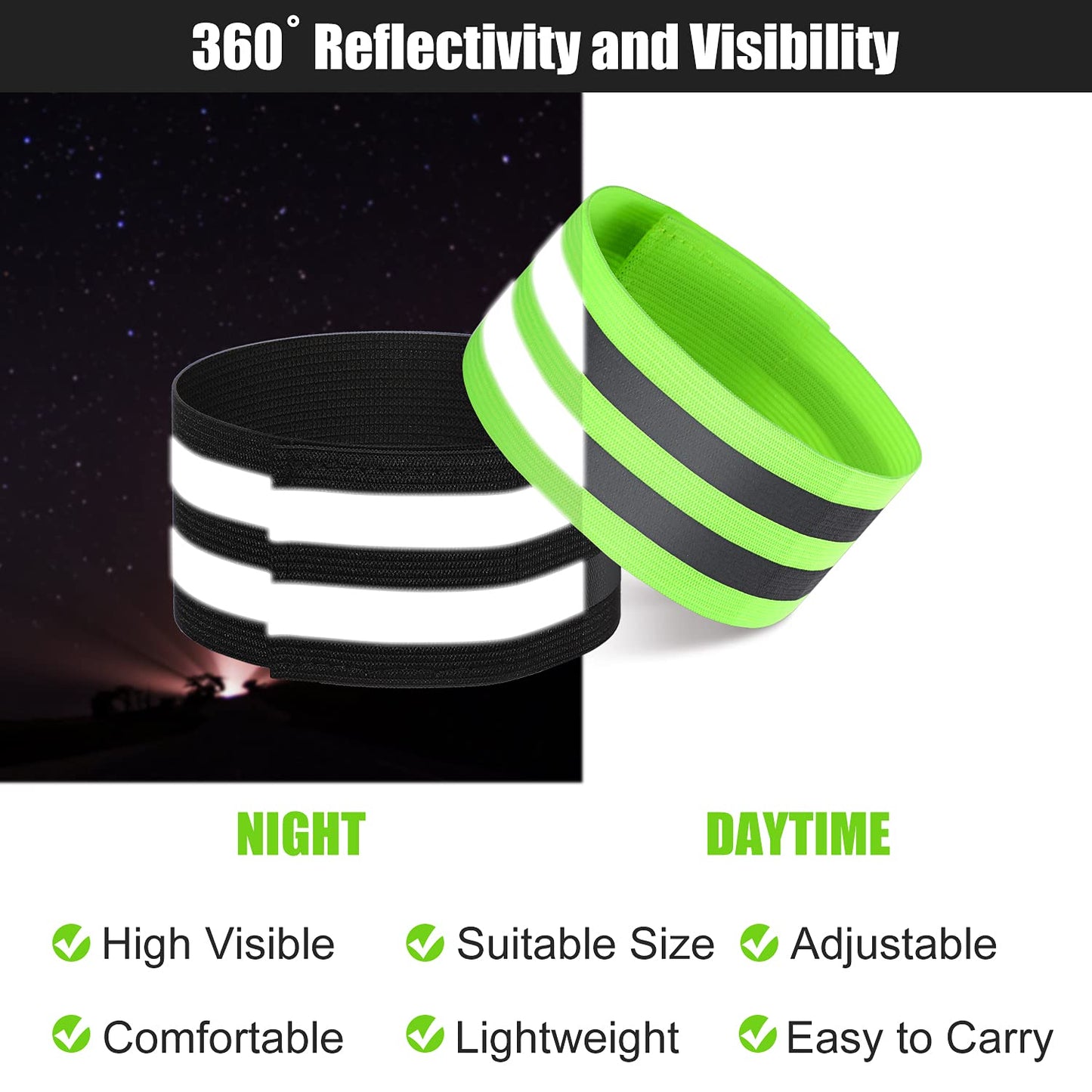 16 Pieces Reflective Bands Reflector Bands for Wrist, Arm, Ankle, Leg, High Visibility Reflective Gear Safety Reflector Tape Straps for Night Walking, Cycling and Running (Green, Black)