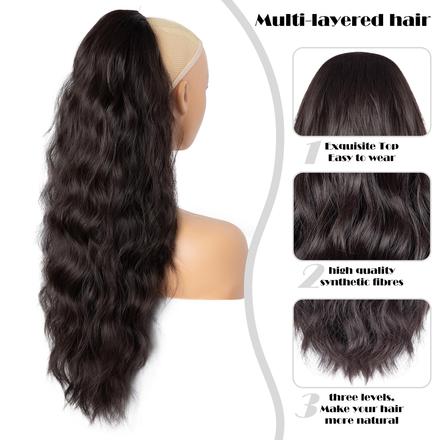 Drawstring Ponytail for Women, 26 inch Long Ponytail Extension, Soft Synthetic Pony Tails Hair Extensions, Clip in Ponytail Hair Extension for Daily Use (Dark Brown With a Slight Auburn Luster)