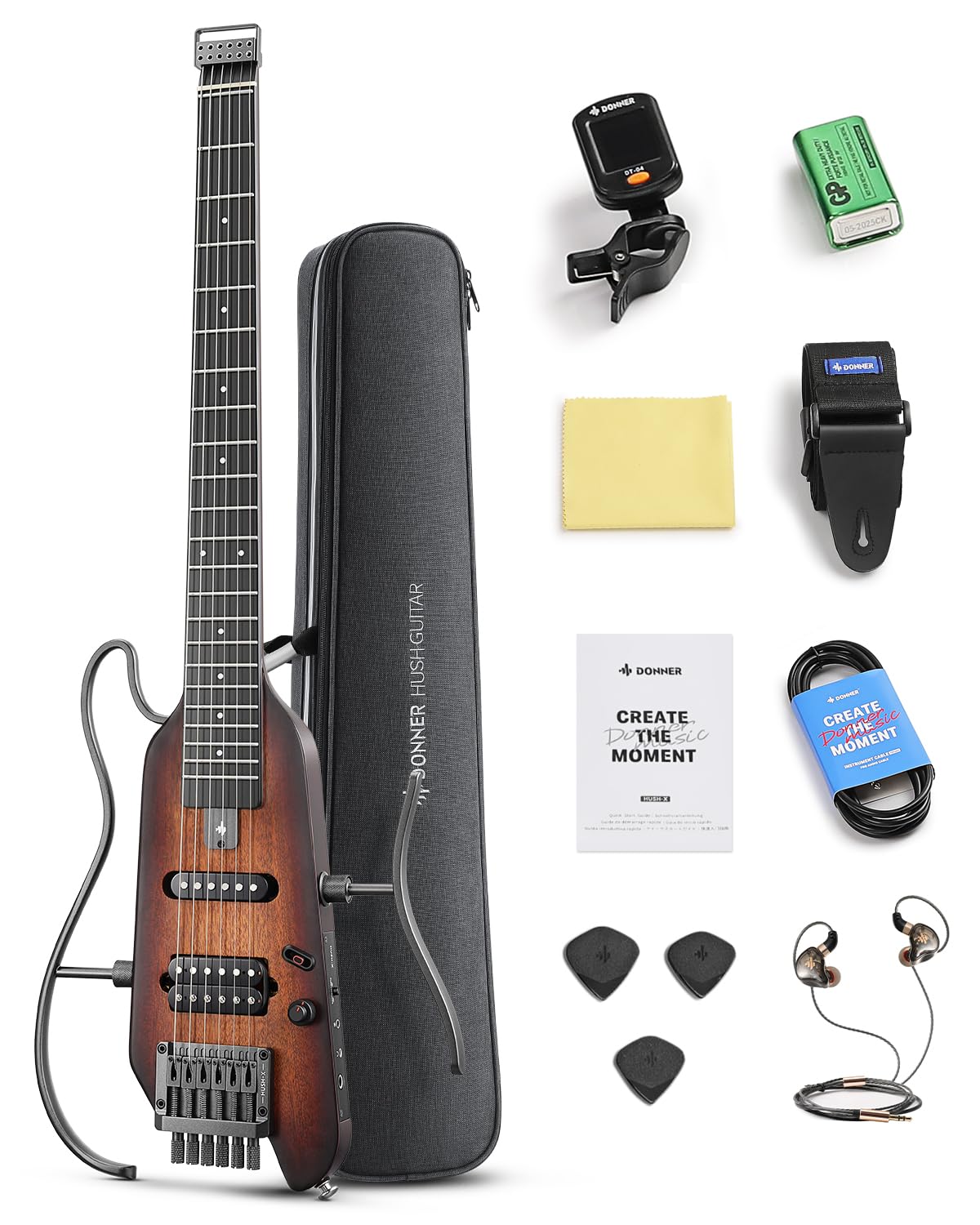 Donner HUSH X Electric Guitar Kit - Featherlight Headless Guitar, Great for Travel and Practice, Mahogany Solid Body with Easy Assemble Stands, Gig Bag, All Accessories, Sunburst