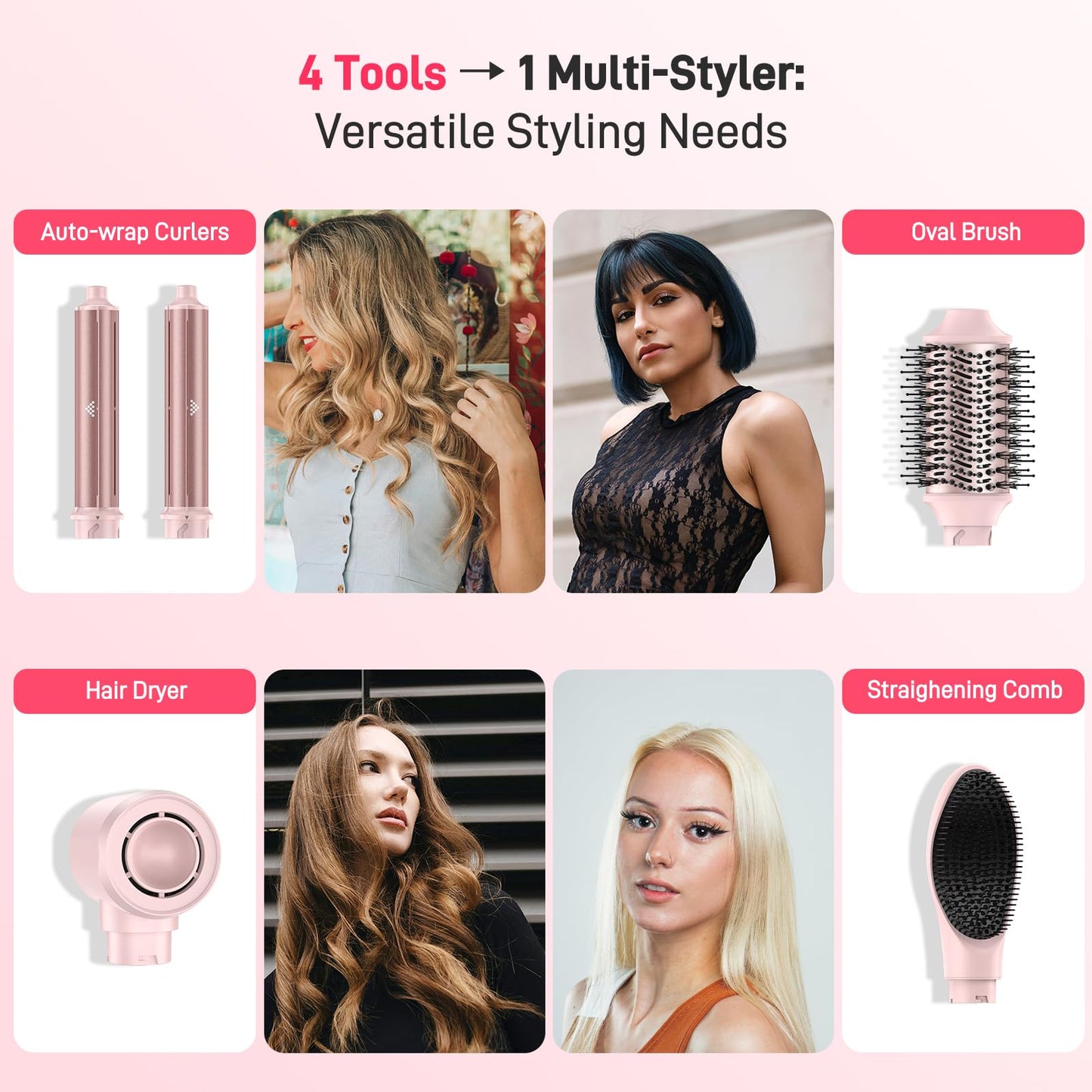 Dual Voltage Hot Air Styler Wrap - 5 in 1 Hair Dryer Brush with Fast Drying Blow Dryer, Styling, Straightening & Volumizing with Negative Ion Anti-frizz for 110V-120V/220V-240V Europe and Travel Case