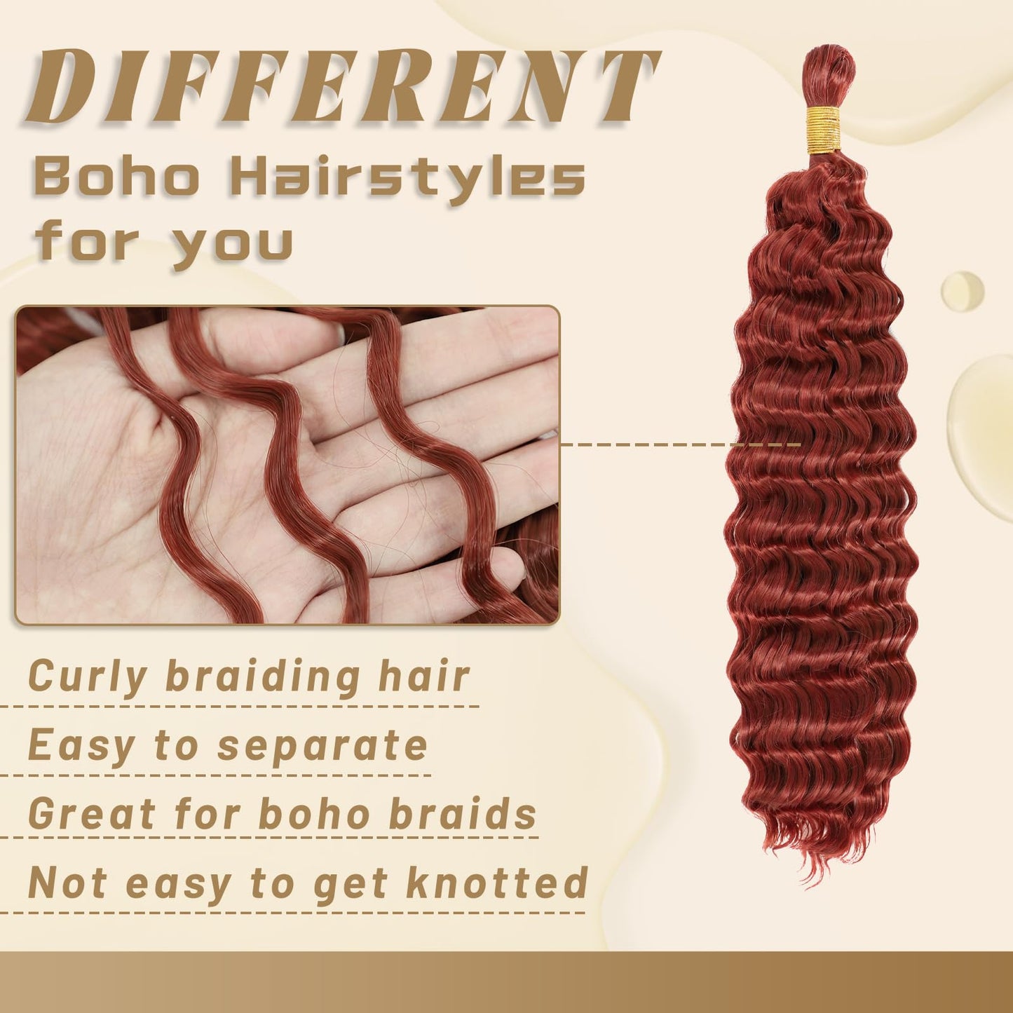 Eerya Long Curly Braiding Hair 18 Inch 2 Packs Reddish Brown Ocean Wave Crochet Hair for Black Women Deep Wave Braiding Hair for Boho Braids (18 inch, Reddish Brown)