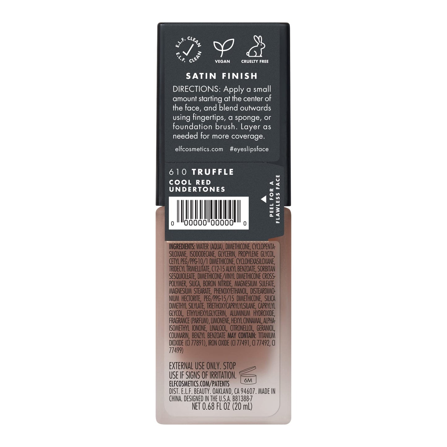 e.l.f. Flawless Satin Foundation, Lightweight & Medium Coverage, Semi-Matte Finish, Vegan & Cruelty-Free, Truffle, 0.68 Fl Oz (20mL)