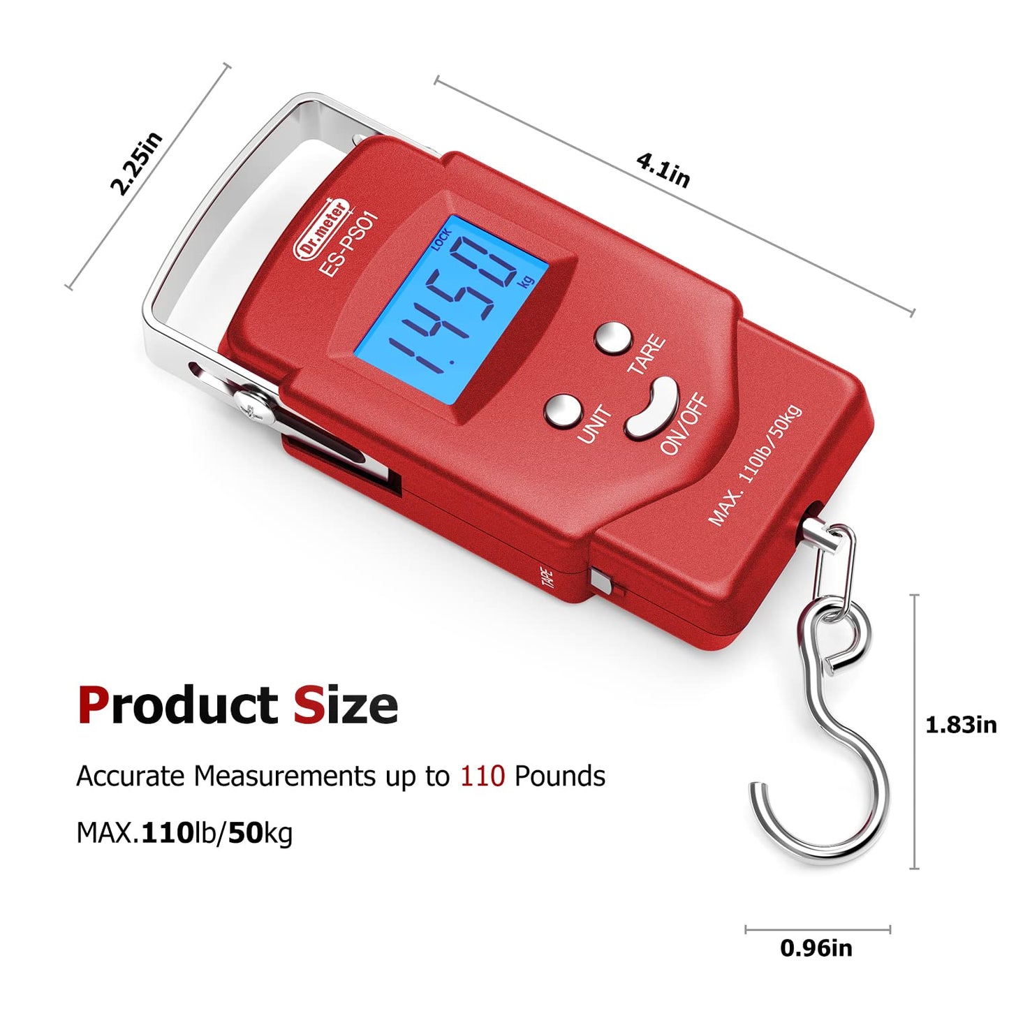Dr.meter Fish Scale: PS01 110lb/50kg Backlit LCD Display Fishing Scale with Built-in Measuring Tape - Electronic Balance Digital Fishing Postal Hanging Hook Scale with 2 AAA Batteries