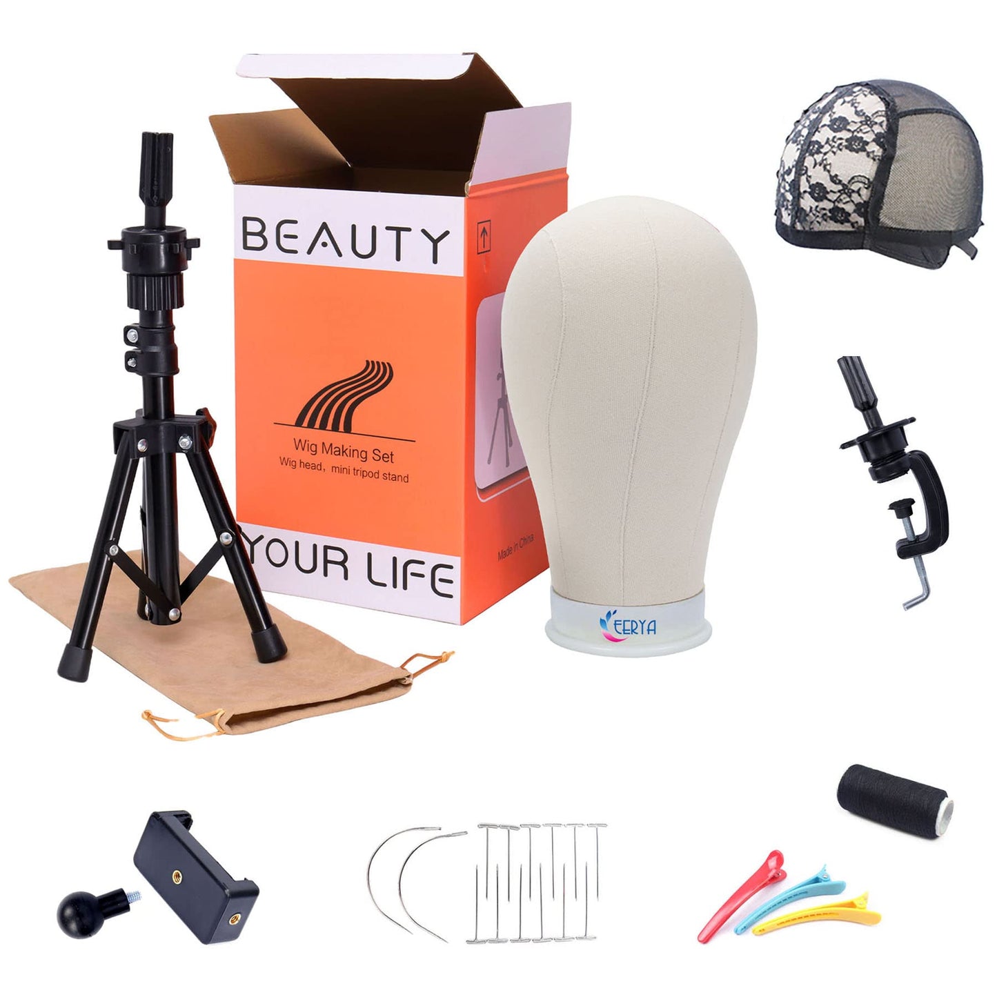 EERYA 22 Inch Wig Head Stand - Tripod Wig Mannequin for Styling, Displaying - Light Brown