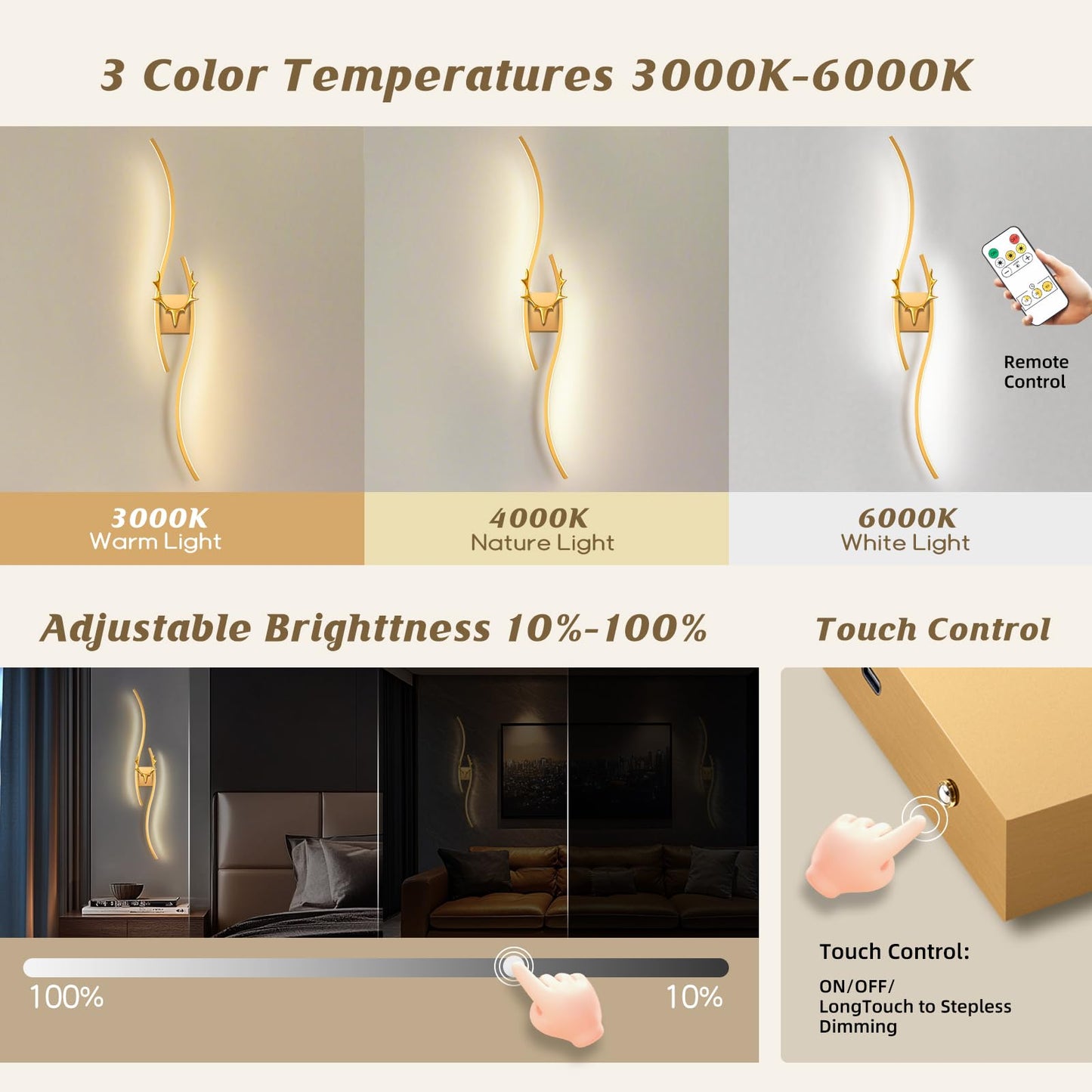 DZW 39.3'' Battery Operated Natural Light Spectrum Wall Sconces Set of Two,Touch & Remote Controll, 3000K-6000K & Dimming, LED Gold Cordless Wall Light for Living Room, Hallway, Bedroom