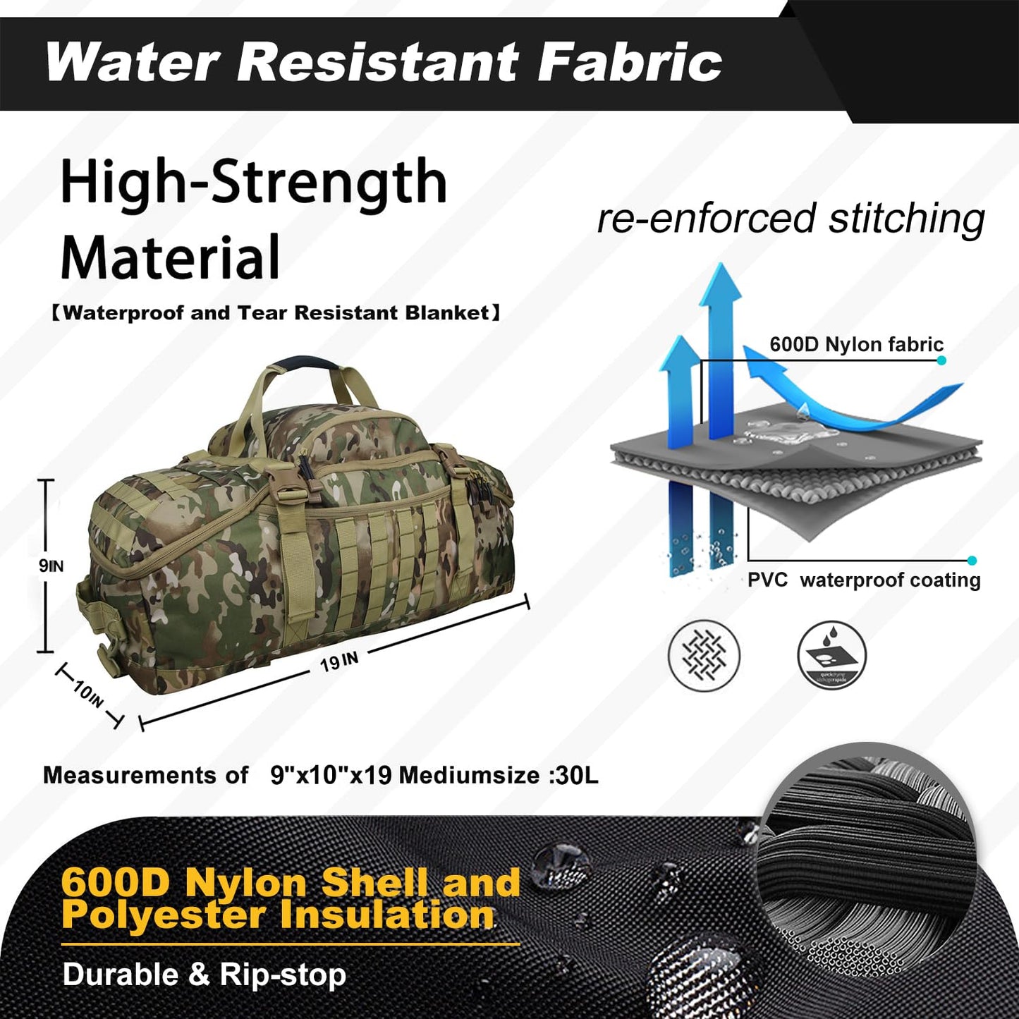 3 In 1 Tactical 30L Military Backpack Travel Duffle Bag for Weekender Gym Workout Deployment