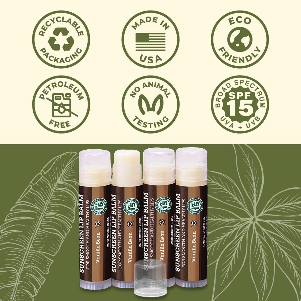 Earth's Daughter SPF Lip Balm 4-Pack - Lip Sunscreen, SPF 15, Organic Ingredients, Vanilla Flavor, Beeswax, Coconut Oil, Vitamin E - Hypoallergenic, Paraben Free, Gluten Free