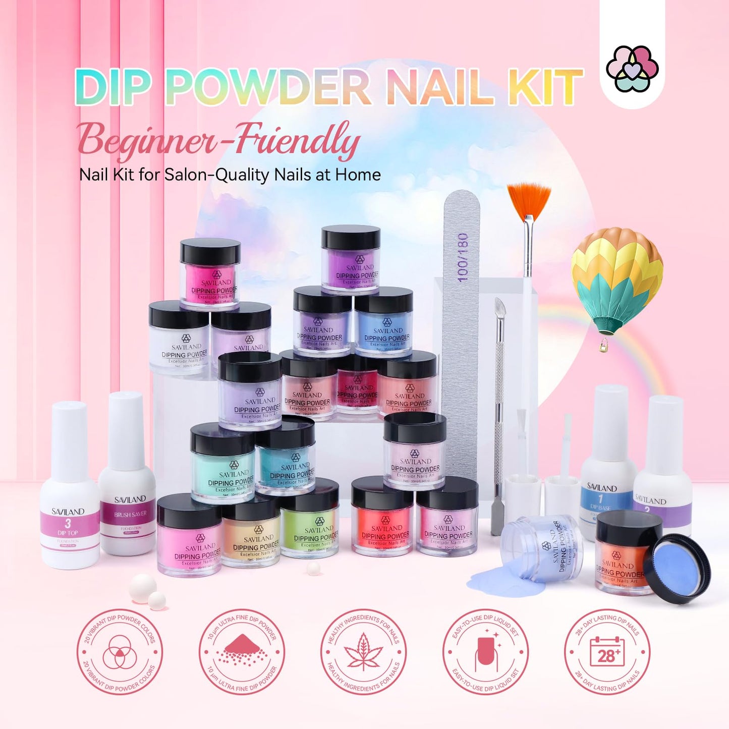 SAVILAND Dip Powder Nail Kit: 20 Colors Summer Neon Keratin Dipping Powder Vitamin E 4 Pcs Nail Dip Liquid Set Base Top Activator Brush Savor for Beginner DIY Home Women Gift