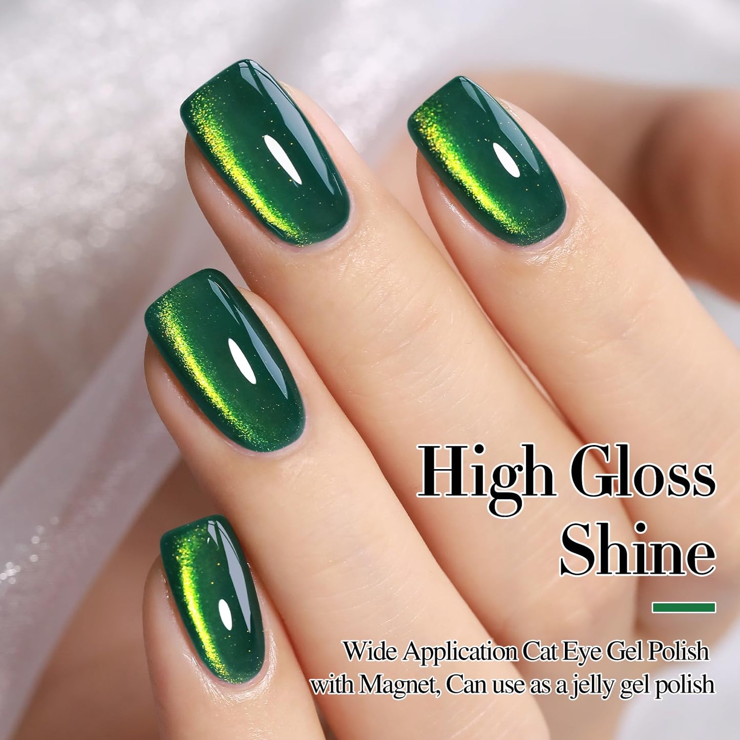 Double Rhythm Jelly Glass Cat Eye Gel Polish with Magnet 15ML Holographic Glitter Shimmer Translucent Sheer Color Magnetic Nail Polish Salon DIY at Home (Dark Green-MC1045)