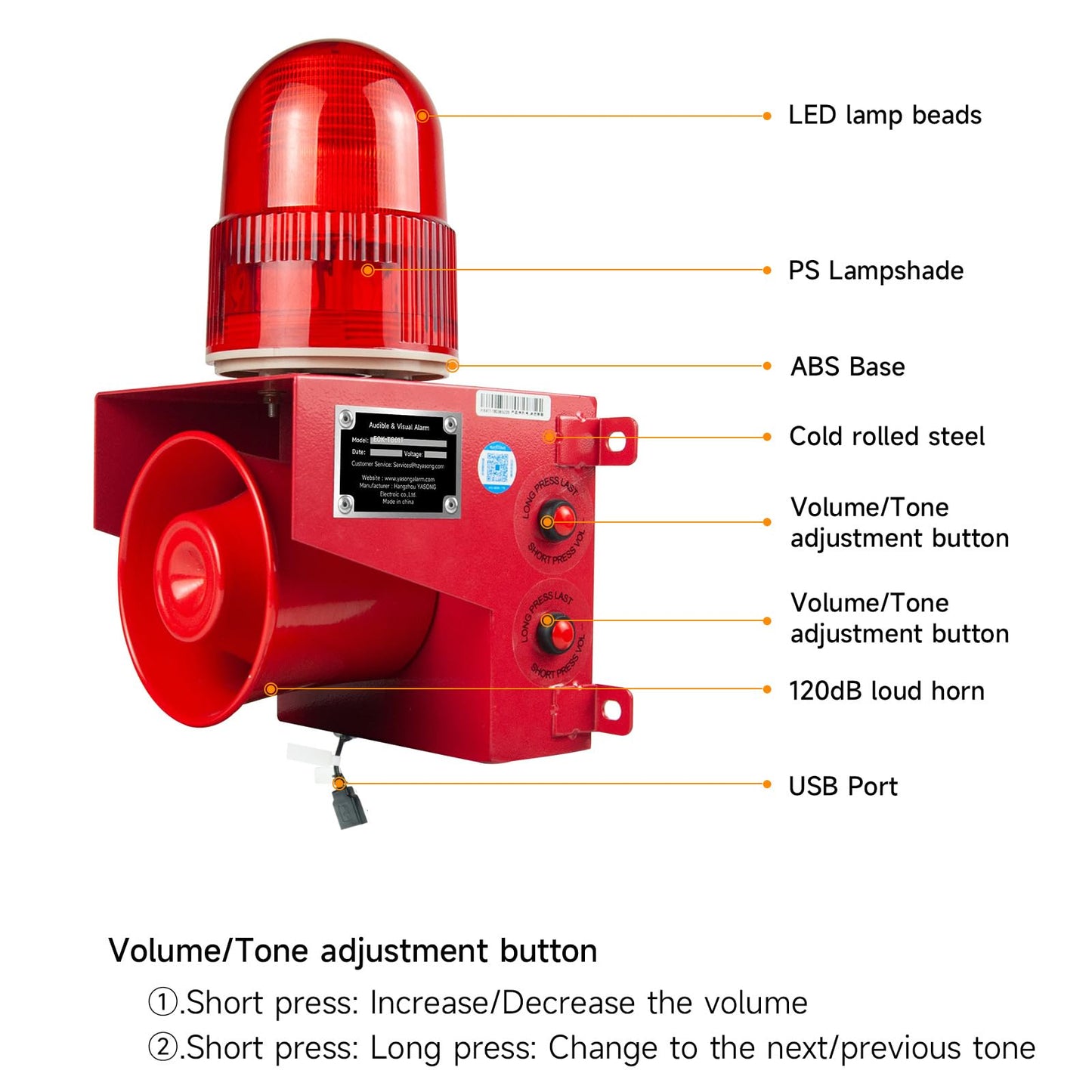 EOKHEOY Alarm Siren with Strobe Light 120dB Sound 25W Outdoor Waterproof Emergency Security Siren with Adjustable Volume Tone (with Plug) AC110V-120V