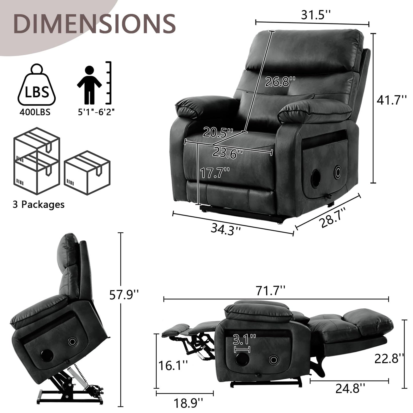 Dual Motor Power Lift Recliner Chair for Adult & Elderly, Infinite Position Lay Flat Lift Chair with Heat & Massage, Cup Holder, Lumbar Pillow, Wireless Charger, USB Ports, Leather (Silver Grey)