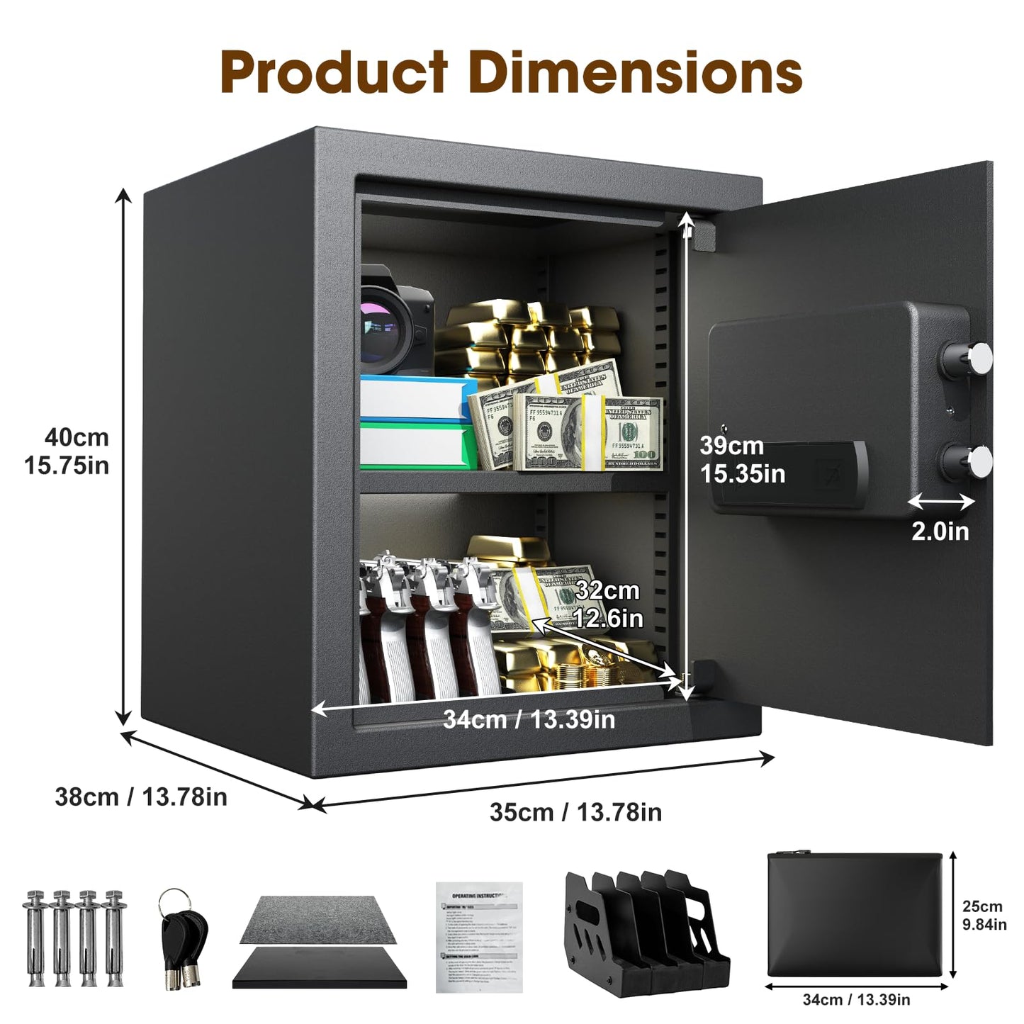 2.3 Cu.Ft. Home Safe Box with Gun Rack, Fireproof Waterproof Security Safes with Fireproof Bag, Dual Code, Adjustable Shelf, Anti-Scratch Mat & Mounting Kit, Large Safe for Pistols & Valuables