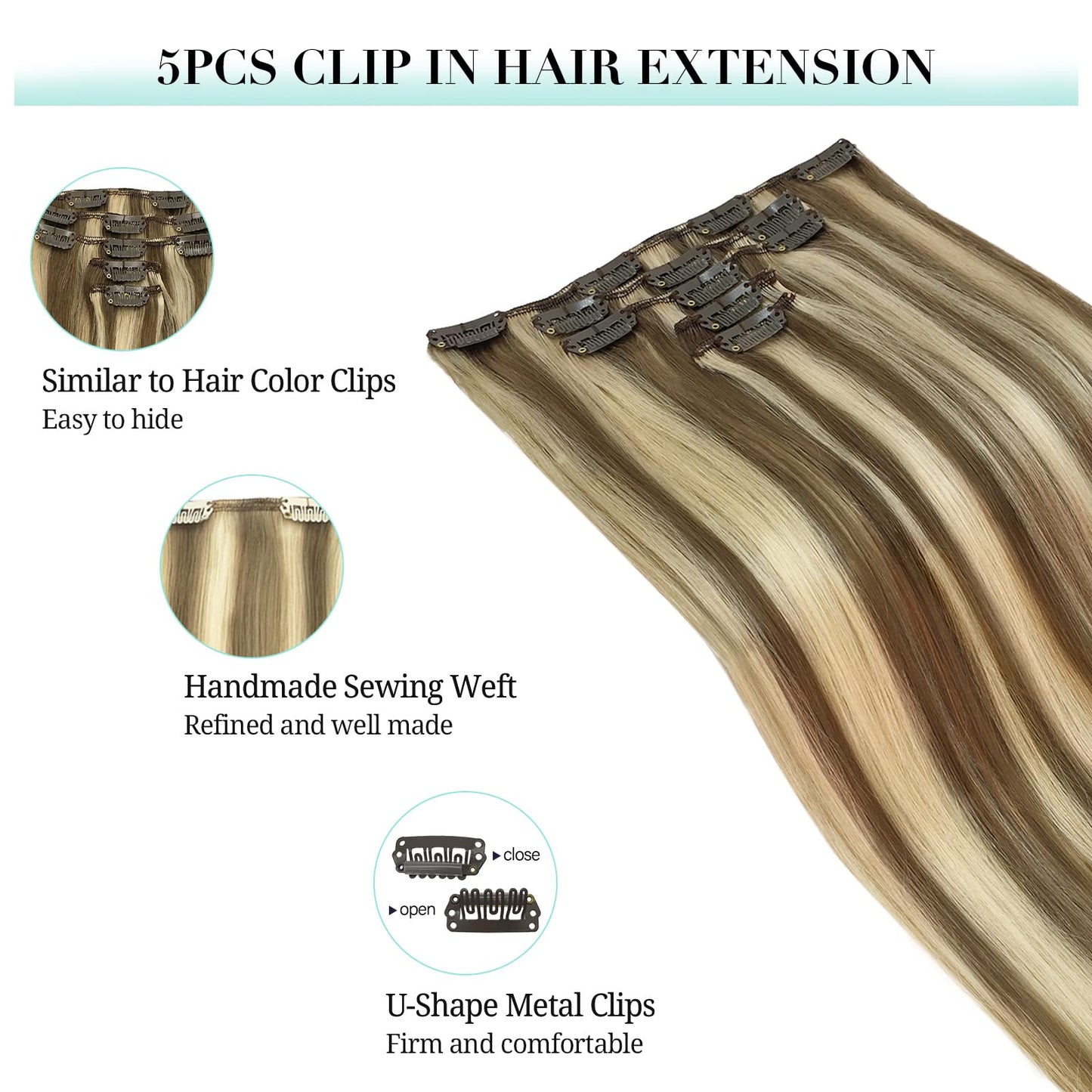 DOORES Hair Extensions Clip in Human Hair, 85g 5pcs Medium Brown Highlighted Golden Blonde Balayage 22 Inch Clip in Human Hair Extensions Real Natural Hair Extensions Straight