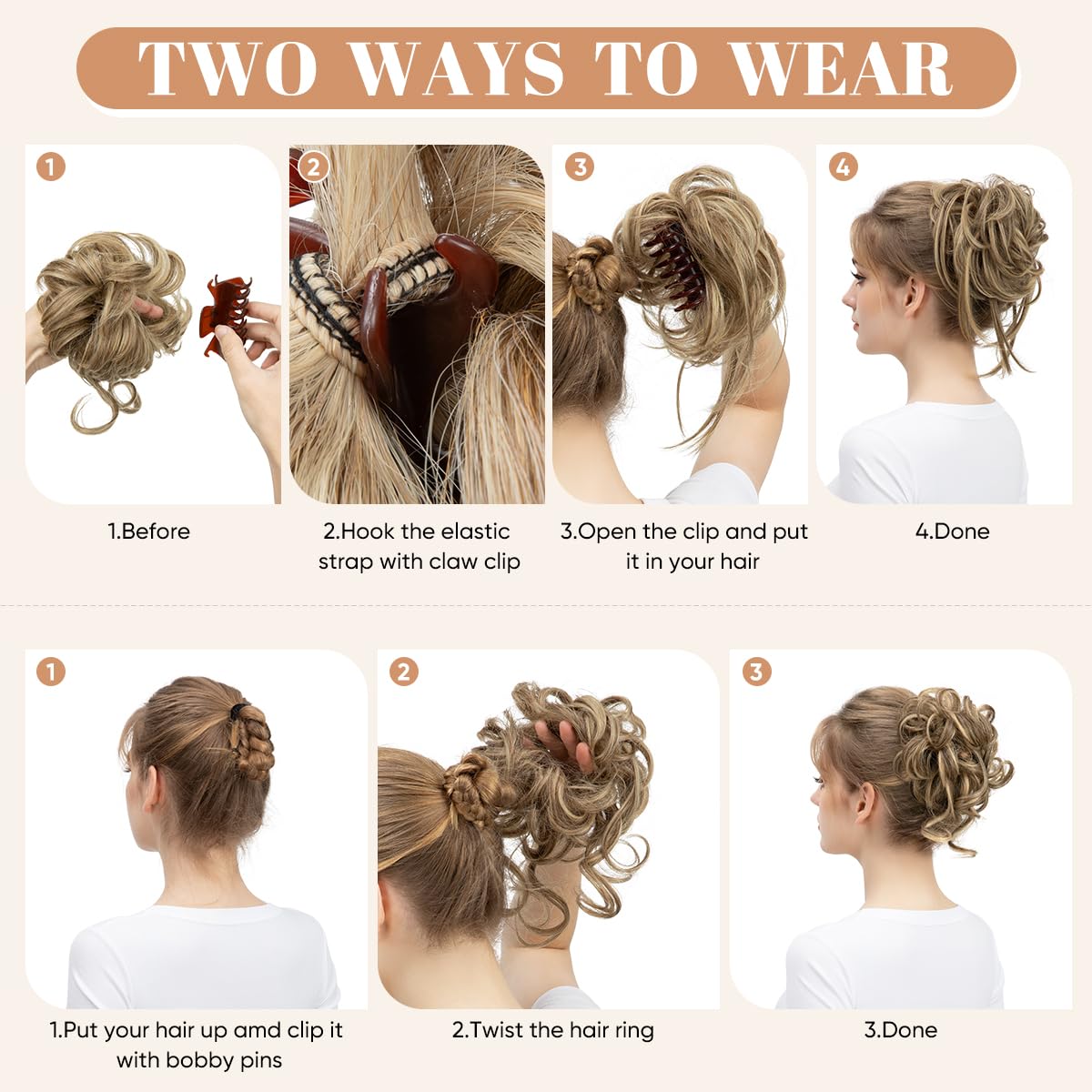 SARLA 2PCS Messy Bun Hair Pieces for Women Detachable Claw Clip Wavy Curly Synthetic Hairpieces for Updos with Tendrils Fake Scrunchies Ponytail Extension Ivory Blonde