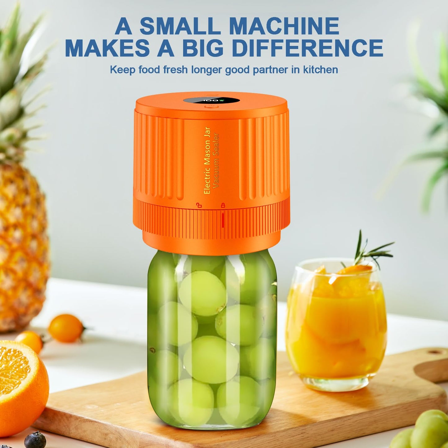 Electric Mason Jar Vacuum Sealer, Cordless Vacuum Sealer Kit with Wide-Mouth & Regular-Mouth Mason Jar Lids, Canning Vacuum Sealer for Food Storage and Fermentation, Orange