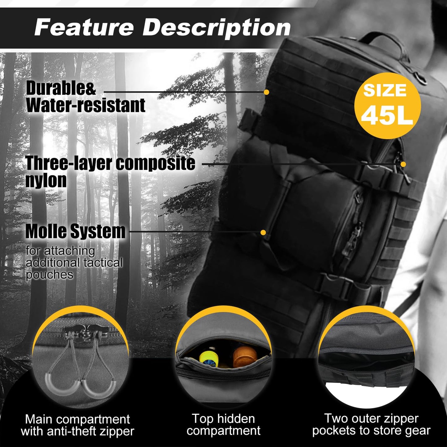 3 In 1 Tactical 45L Military Backpack Travel Duffle Bag for Weekender Gym Workout Deployment