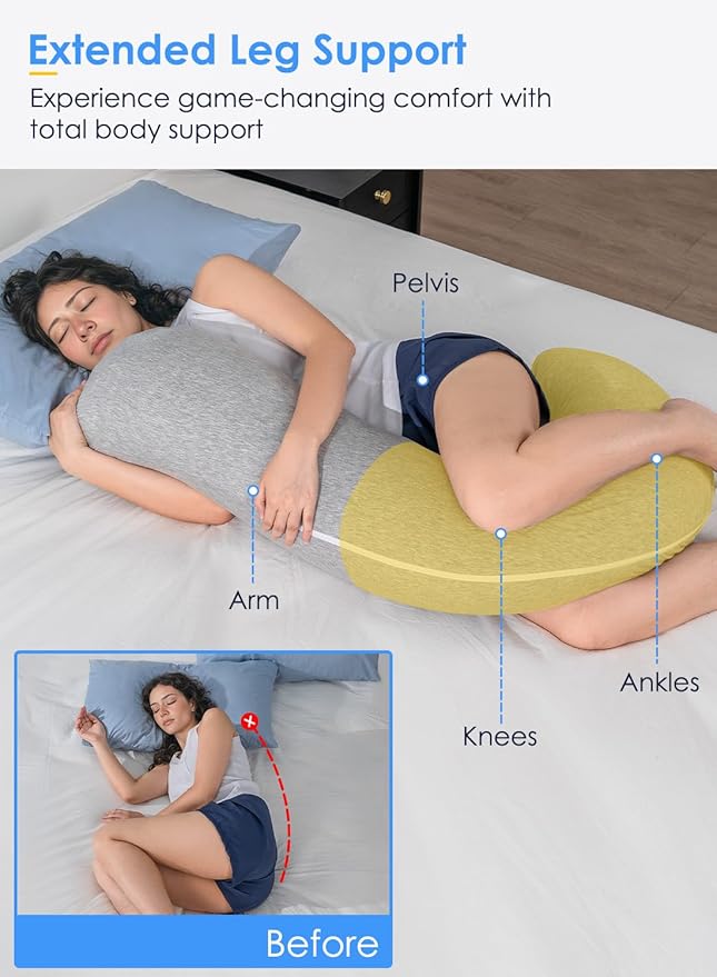 QUEEN ROSE Body Pillow, Full Body Support Pillow for Side Sleepers, Cooling Soft S Shaped Hug Pillow for Adults, with Removable Pillowcase, Light Grey
