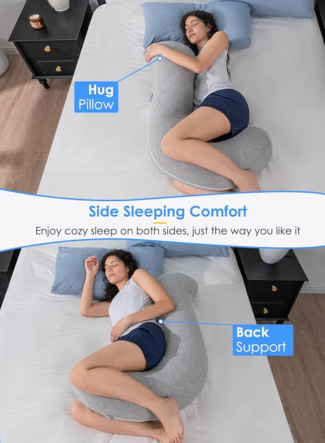QUEEN ROSE Body Pillow, Full Body Support Pillow for Side Sleepers, Cooling Soft S Shaped Hug Pillow for Adults, with Removable Pillowcase, Light Grey