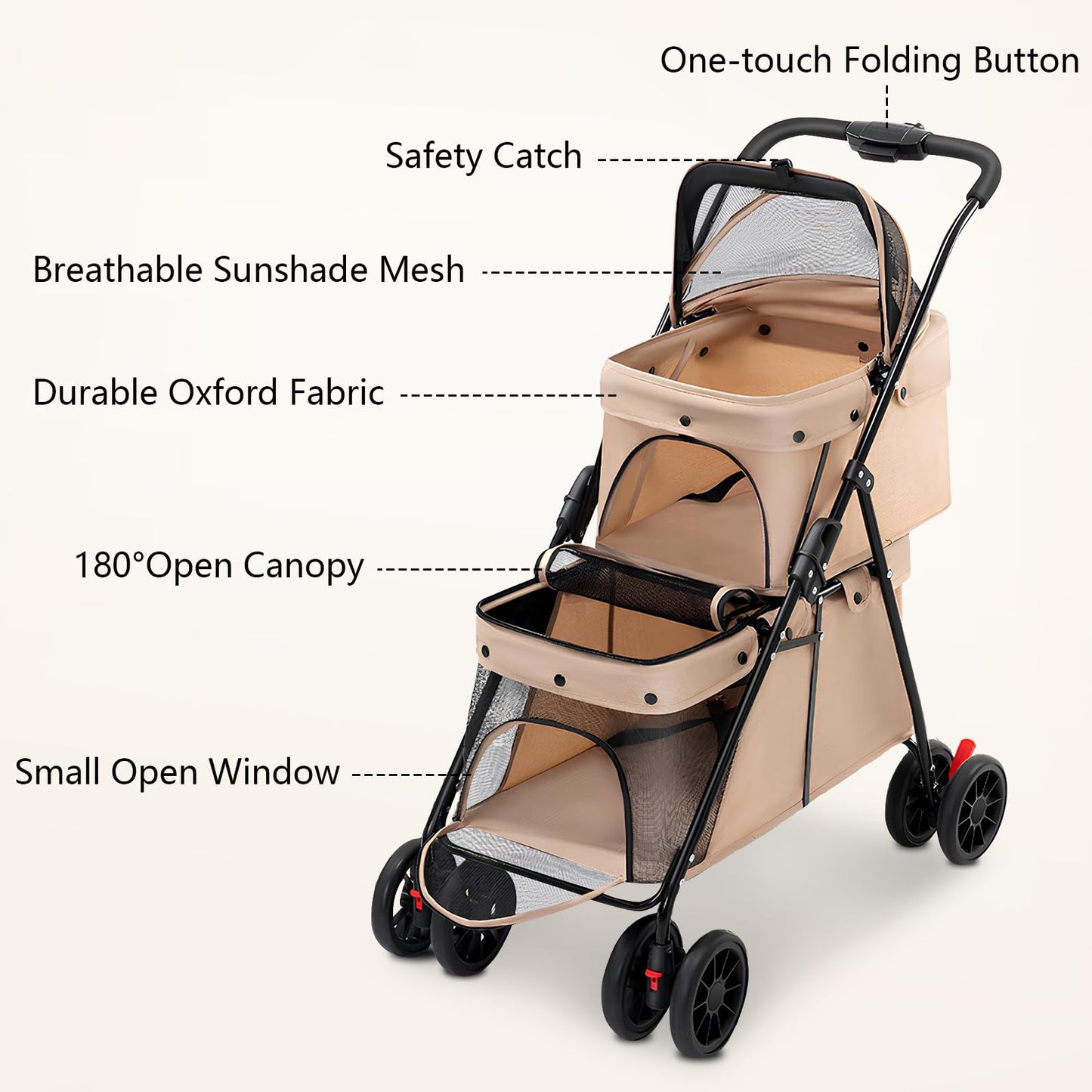 Double Pet Stroller for Medium Small Dogs and Cats with 2 Carriage, Durable Universal Wheels with Brakes Lightweight One Hand Foldale Kittens Puppies Travel Strolling Cart (Brown)