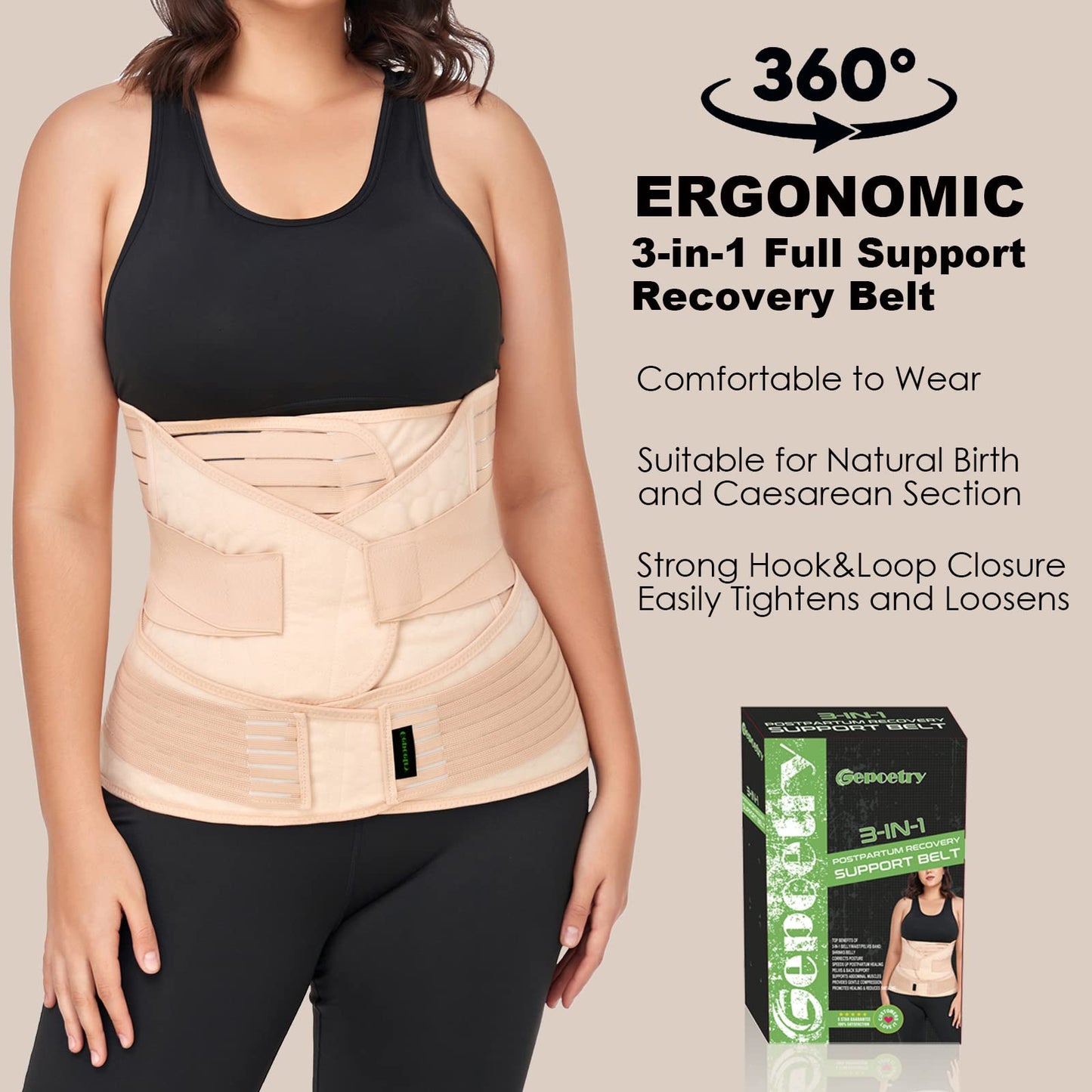 3 in 1 Postpartum Belly Band Wrap Support Recovery Girdles Abdominer Binder Post Surgery Belly&Waist&Pelvis Support Belt & Back Brace(Beige, Small/Medium)