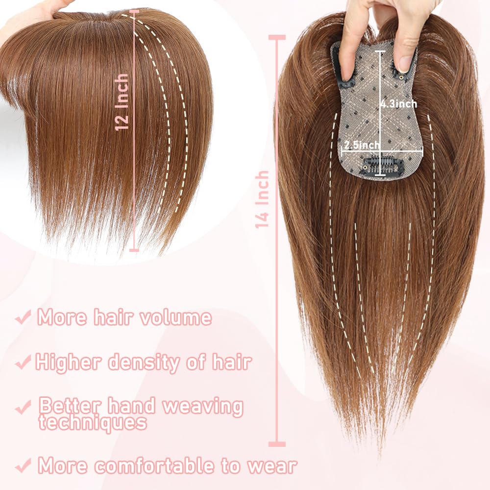 EROADE Toppers for Women Real Human Hair, 3D Human Hair Toppers for Women with Thinning Hair 165% Density Middle Part Clip in Bangs Toppers Hair Pieces (Light Brown, Side Bangs)