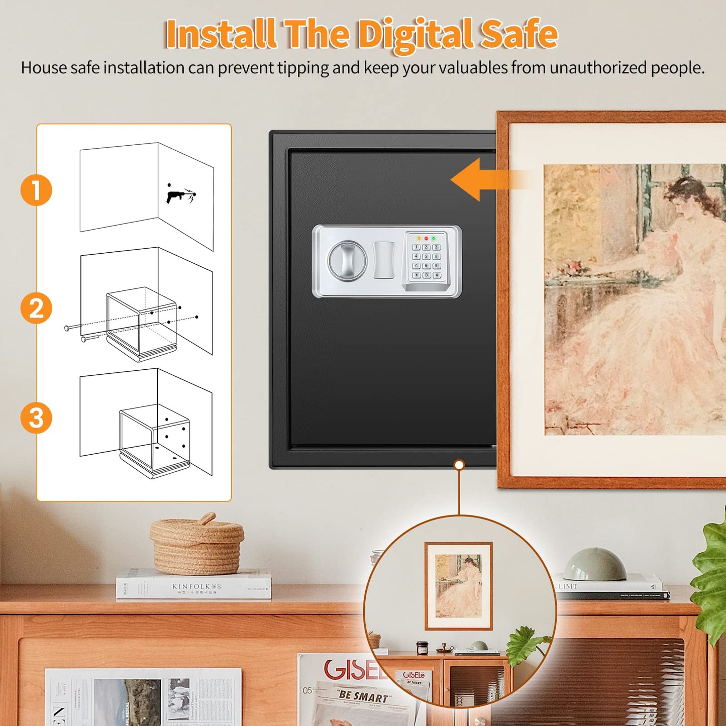 3.0 Cub Large Fireproof Safe Box for Home Use, Anti-Theft Home Safes Fireproof Waterproof, Money Safe for Home with Fireproof Bag and Removable Shelf, Safe Fireproof for Money Firearm A4 Document