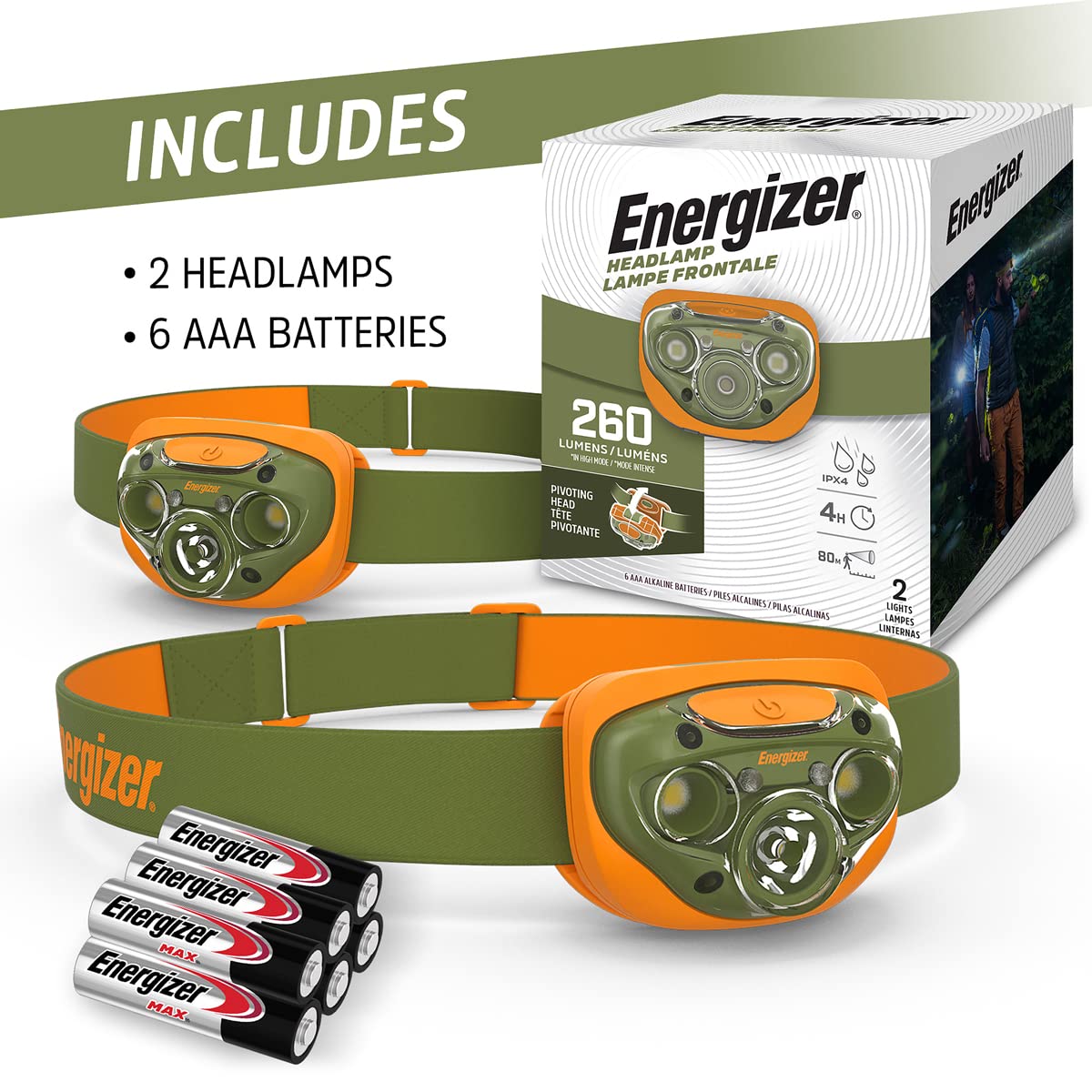 Energizer LED Headlamp PRO (2-Pack), IPX4 Water Resistant Headlamps, High-Performance Head Light for Outdoors, Camping, Running, Storm, Survival LED Light for Emergencies (Batteries Included)