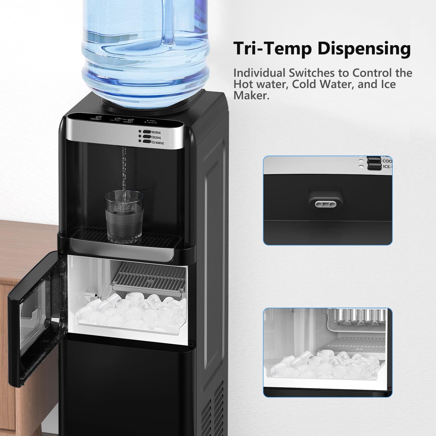 Electactic Water Dispenser with Ice Maker Function, Top Loading Hot and Cold Water Cooler for 5 Gallon Bottle - Includes Child Safety Lock - Water Machine for Home, Office, Garage - Black