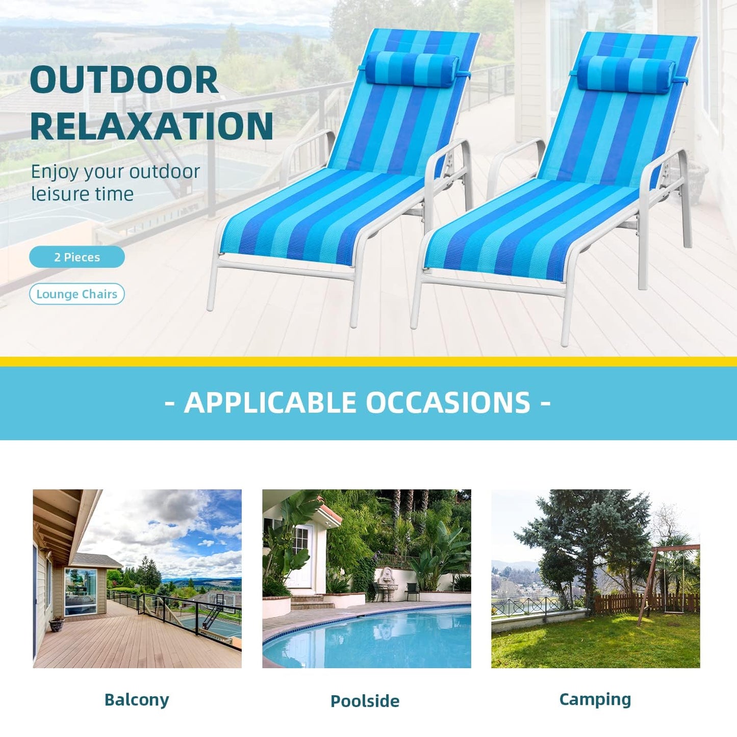 EROMMY Patio Chaise Lounge, Set of 2 Outdoor Lounge Chair, for Beach Pool Sunbathing Lawn Lounger Recliner Chiar Outside Tanning Chairs for All Weather