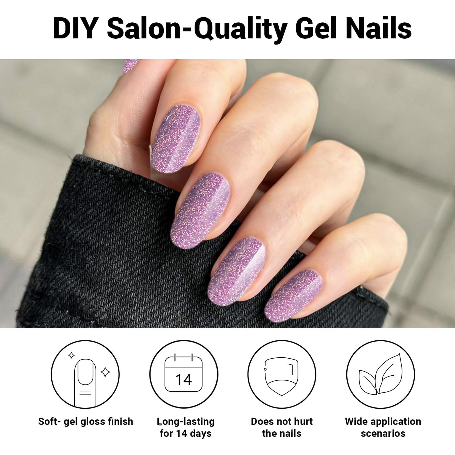 DUKASOU Semi Cured Gel Nail Strips, Purple Sparkle | 28pcs Work With Any UV Lamp, Stickers for Women Girls, Includes Prep Pads, File & Wood Stick