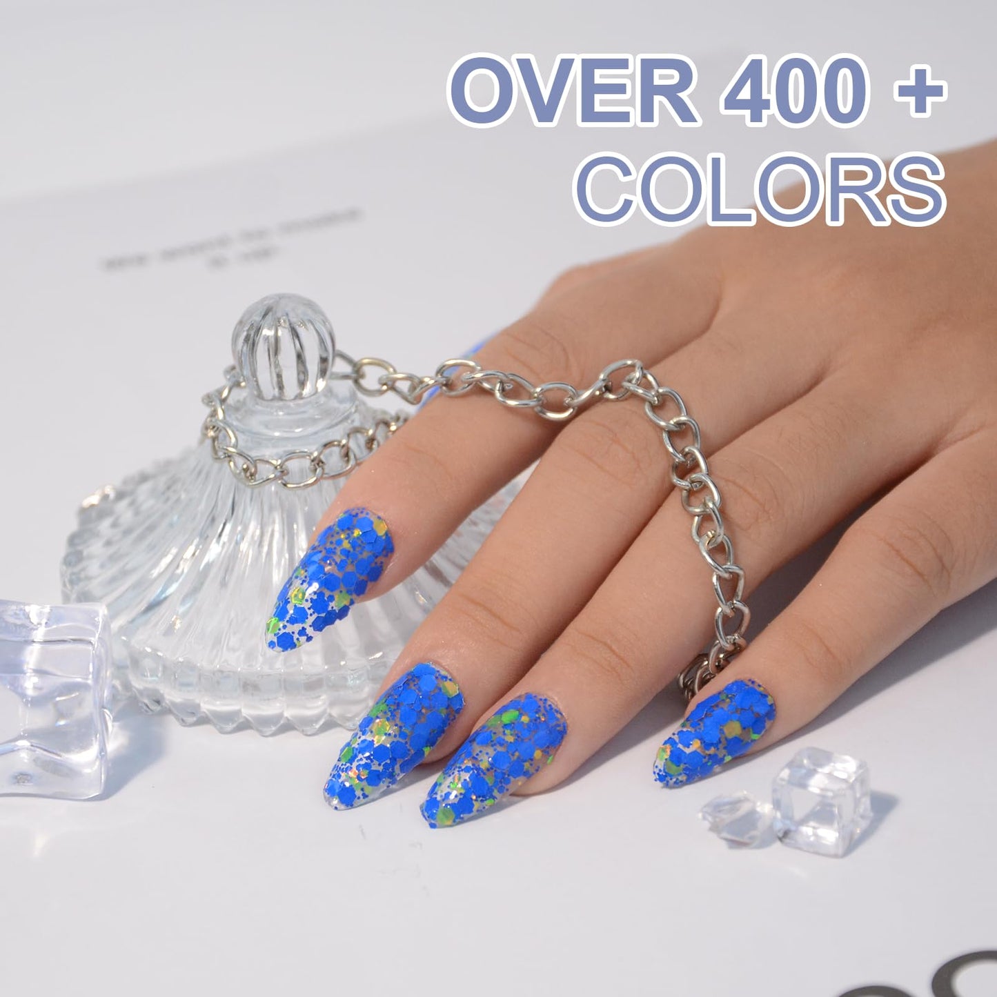 EODCI Dopamine Nail Dip Powder - Blue Glitter Hexagon Sequins Paillette Dip Powder Nails - Long-lasting, No UV Light Needed