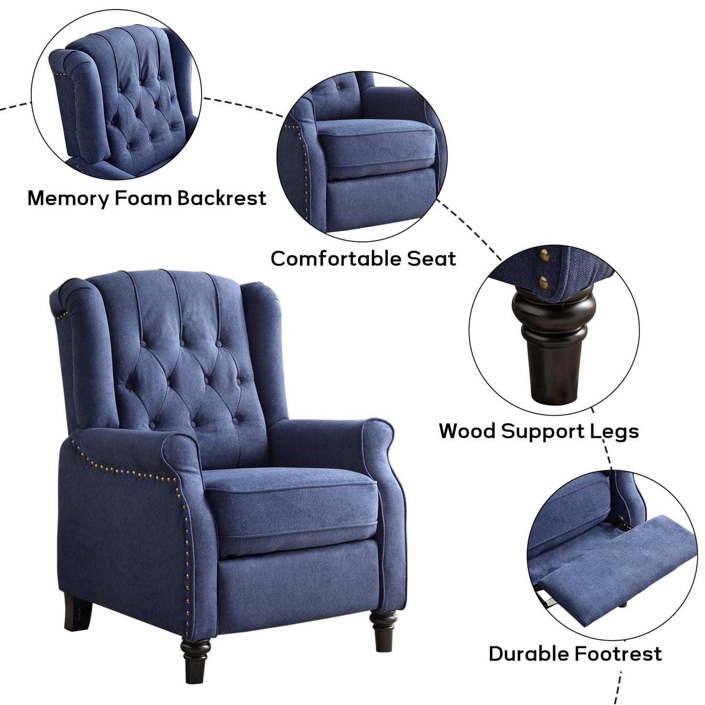 EBELLO 2 Pcs Pushback Recliner Chairs, Fabric Armchair Push Back Recliner with Rivet Decoration, Single Sofa Accent Chair for Living Room, Bedroom, Blue