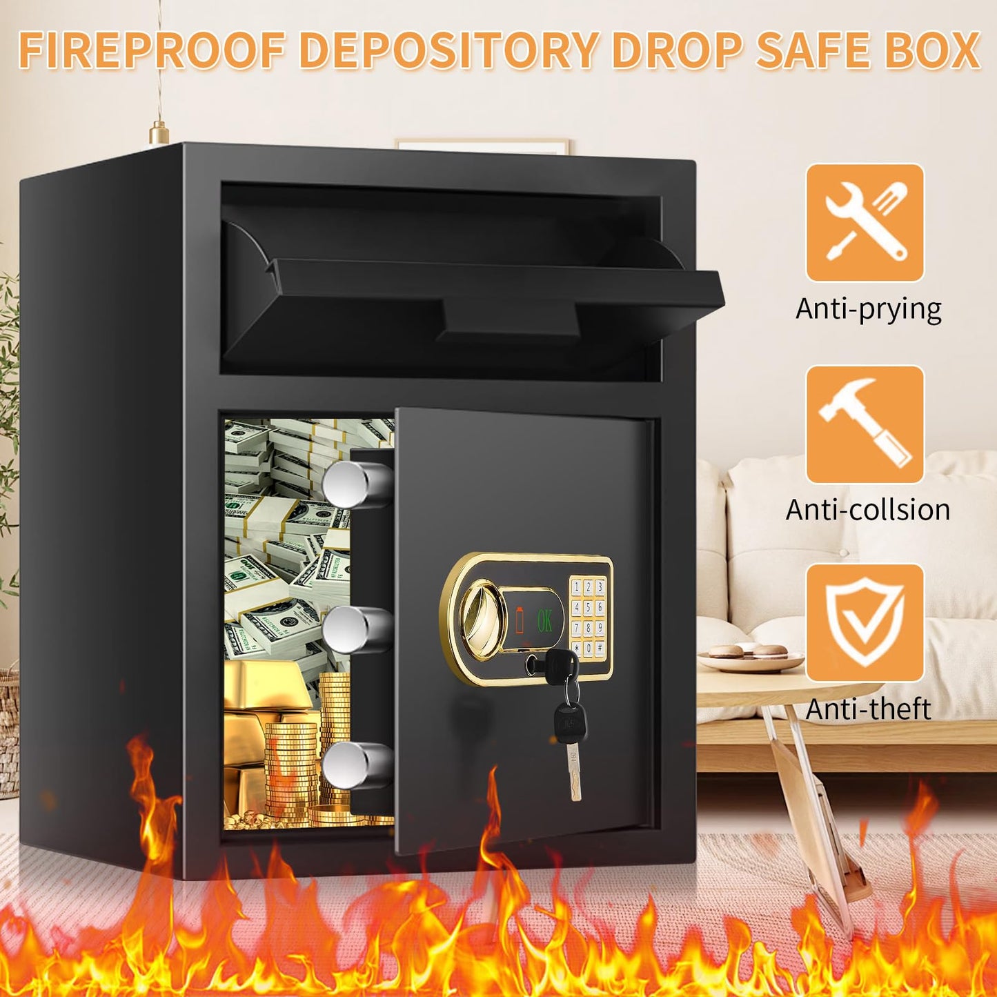 2.8 cu ft Large Fireproof Drop Safe Box for Business, Anti-Theft Cash Drop Safe with Slot & Combination Lock, Heavy Duty Depository Slot Safes for Home Business Mail Church