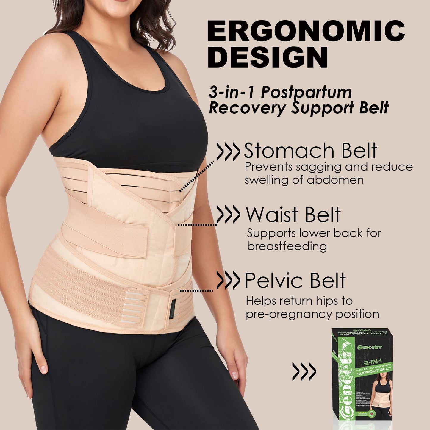 3 in 1 Postpartum Belly Band Wrap Support Recovery Girdles Abdominer Binder Post Surgery Belly&Waist&Pelvis Support Belt & Back Brace(Beige, Small/Medium)