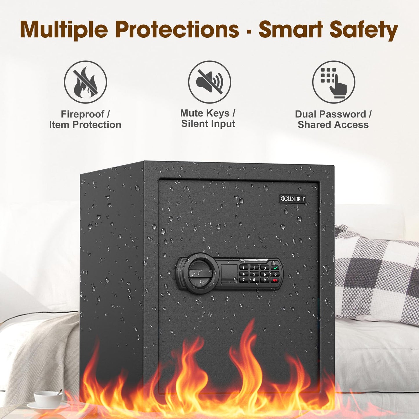 2.3 Cu.Ft. Home Safe Box with Gun Rack, Fireproof Waterproof Security Safes with Fireproof Bag, Dual Code, Adjustable Shelf, Anti-Scratch Mat & Mounting Kit, Large Safe for Pistols & Valuables