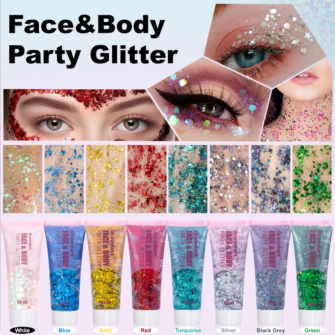 Drawdart Face & Body Glitter - Cosmetic - Grade Red Holographic Glitter Gel,Face Body Hair Chunky Festival Rave Accessories Makeup 50ml,Glitter Sequin for Women Kids