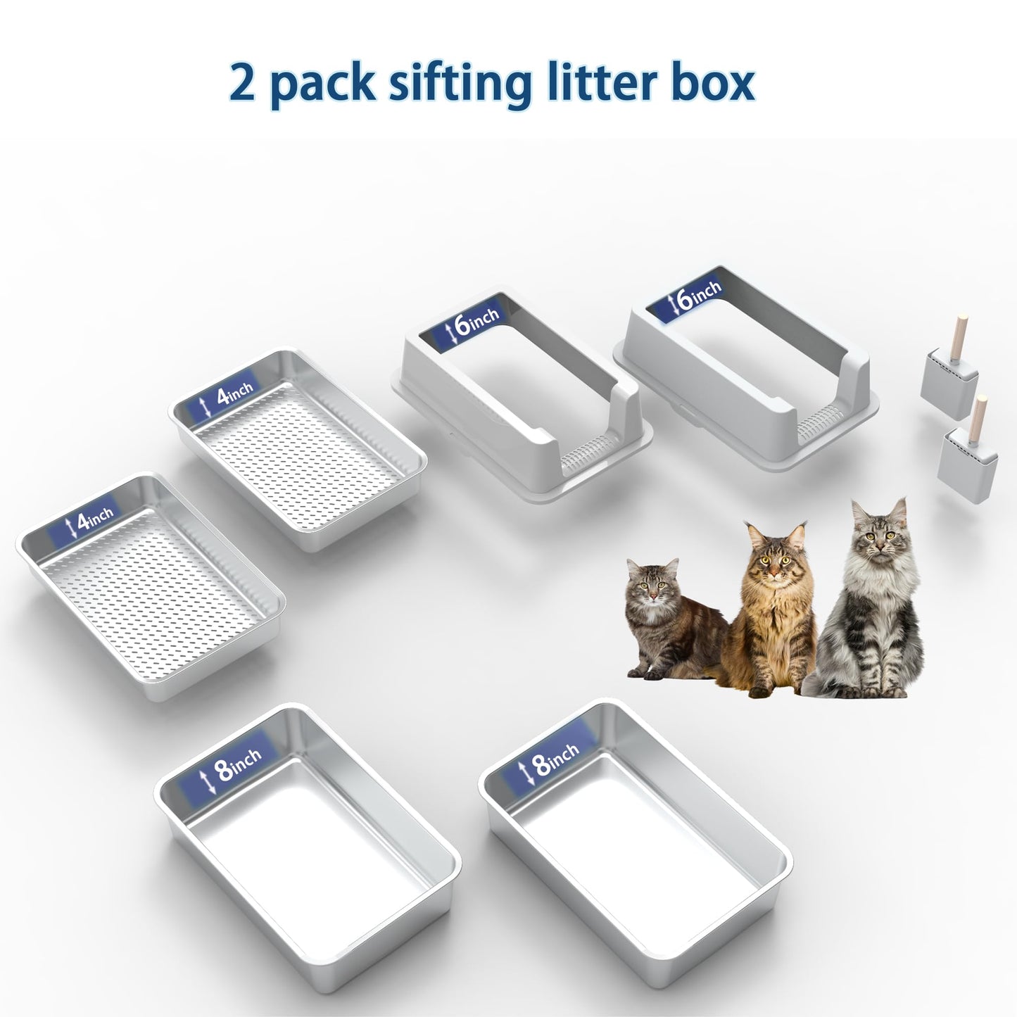 2PACK Stainless Steel Sifting Litter Box for Pine Pellets,Enclosed Metal Sifting Cat Litter Box with Lid,High Sides, Anti-Urine Leakage