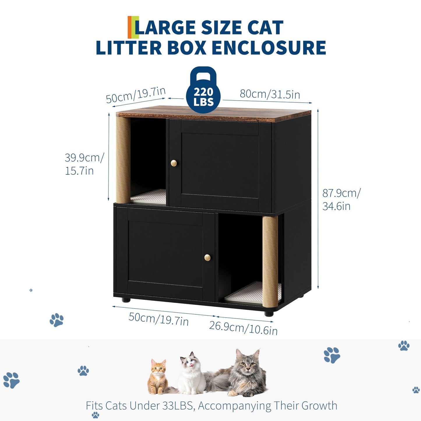 Double Layer Cat Litter Box Enclosure for 2 Cats, Hidden Litter Box Furniture with Cat Scratching Post and Board, 2 Story Wooden Cats Washroom or Bed, Pet House End Table for Living Room Balcony
