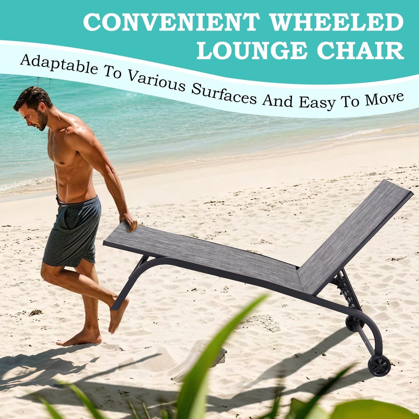 EROMMY Patio Chaise Lounge Chair Set of 2 with Table, Adjustable Backrest & Wheels, Oversized 26" W Outdoor Poolside Recliners for Garden, Deck, Lawn, Backyard