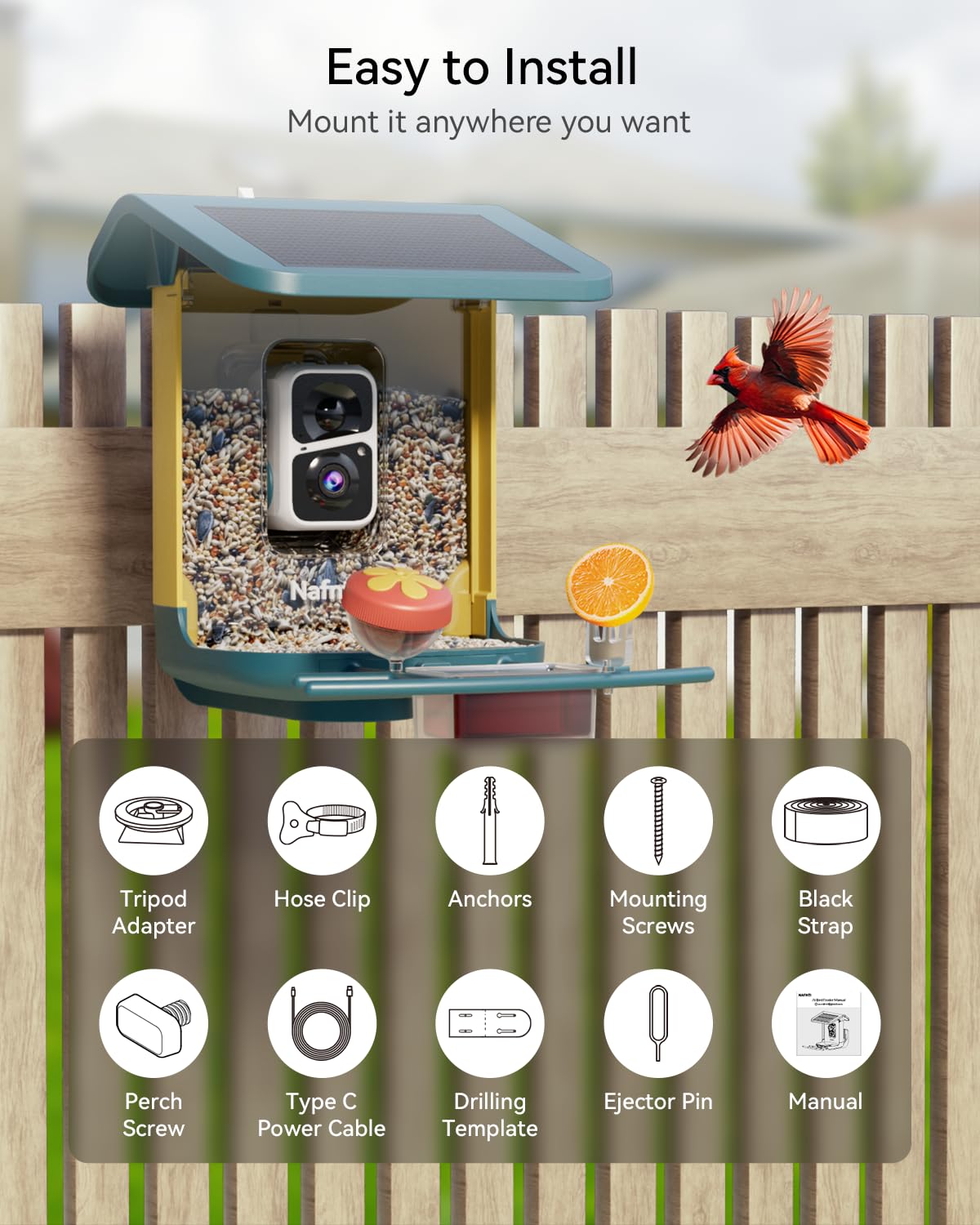 2K Smart Bird Feeder with Camera for Outdoor, Solar Powered, AI Identify 10,000+ Birds, 1.8L, IP65 Waterproof, Squirrel Proof, Live View Alerts, Various DIY Addons, Ideal Gift for Bird Watching